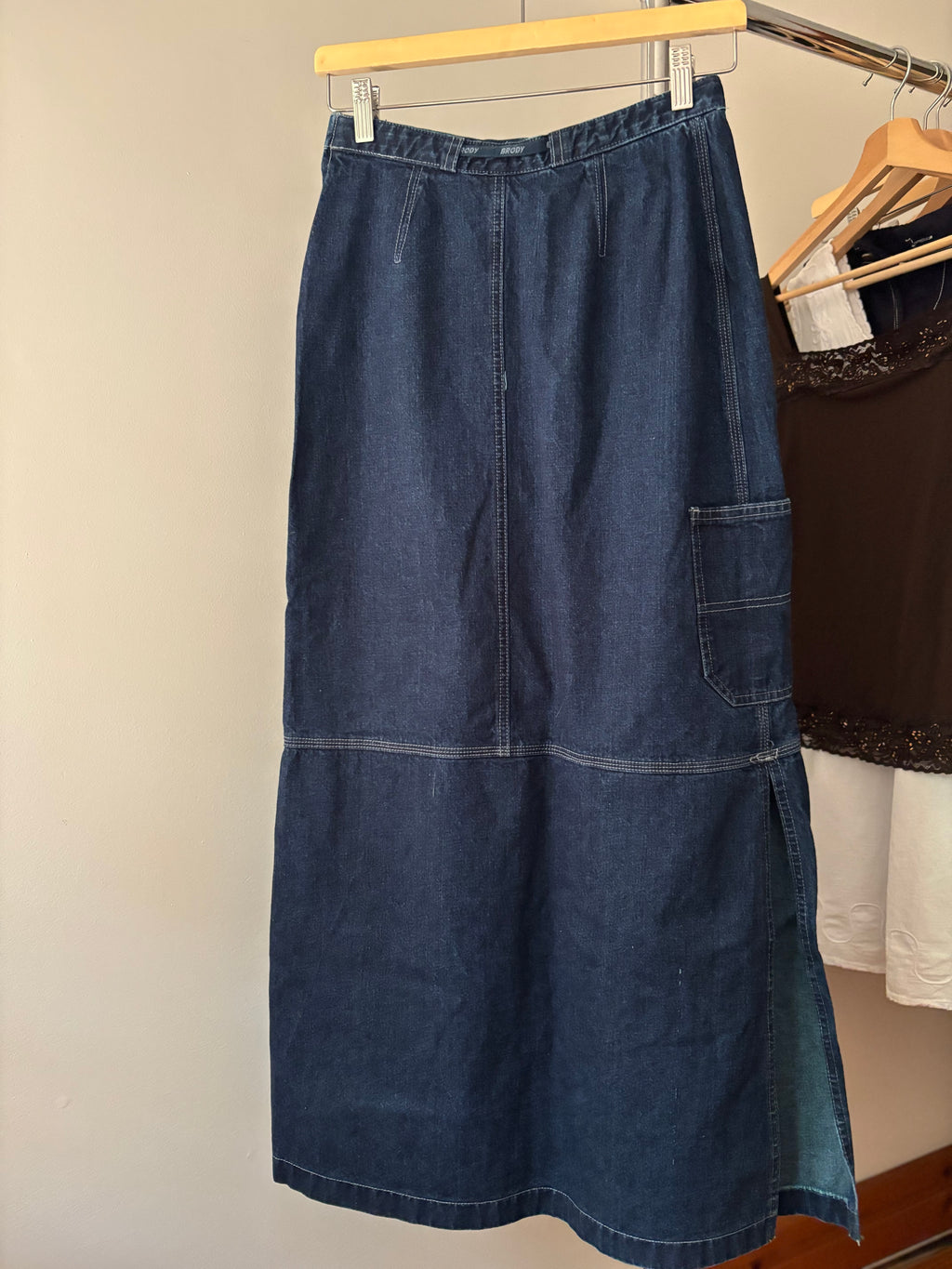 Y2K Denim Maxi Skirt with Tie & Pockets | size 24"