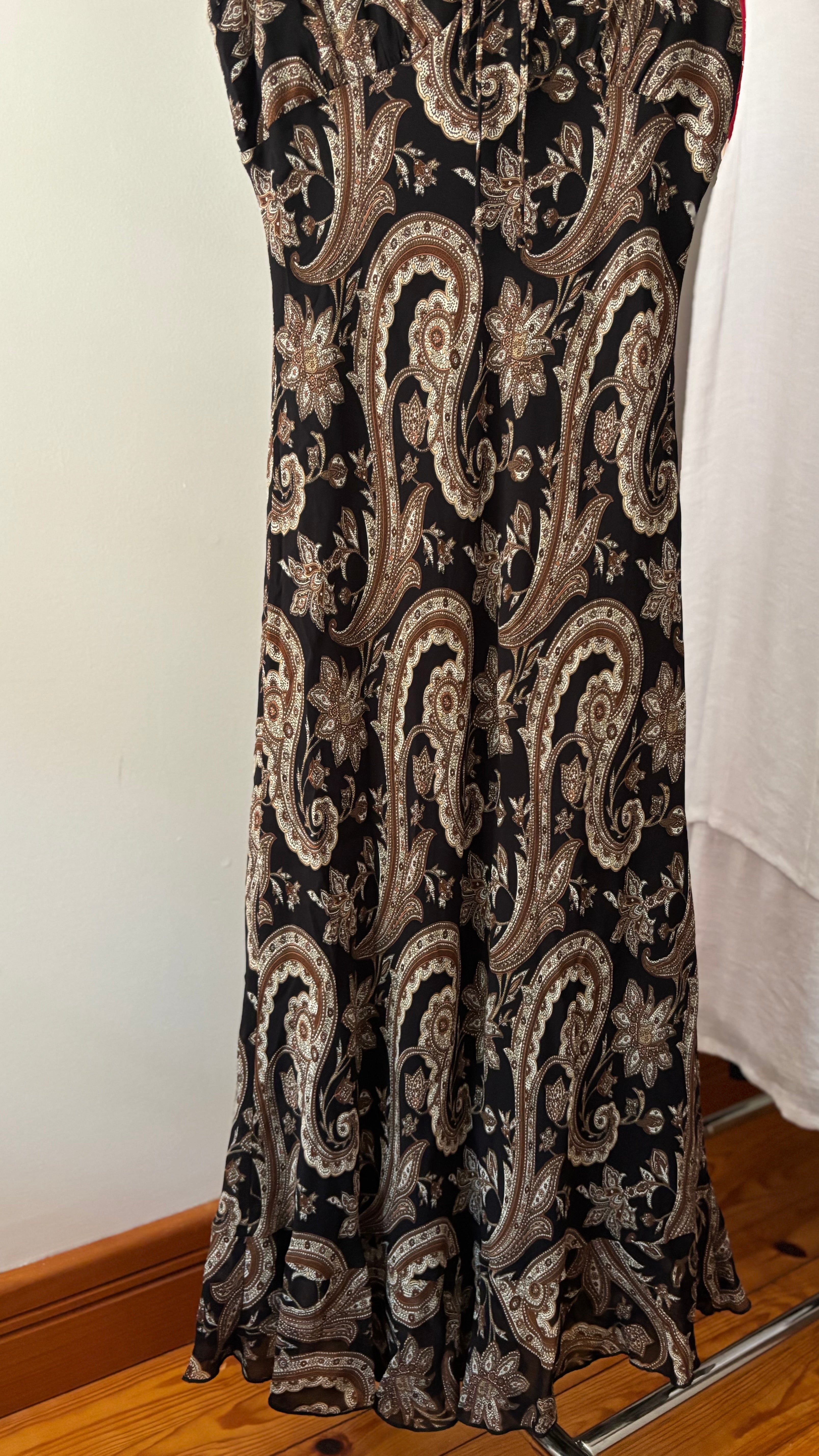 1990s Brown Paisley Maxi Dress with Ruffled Neckline