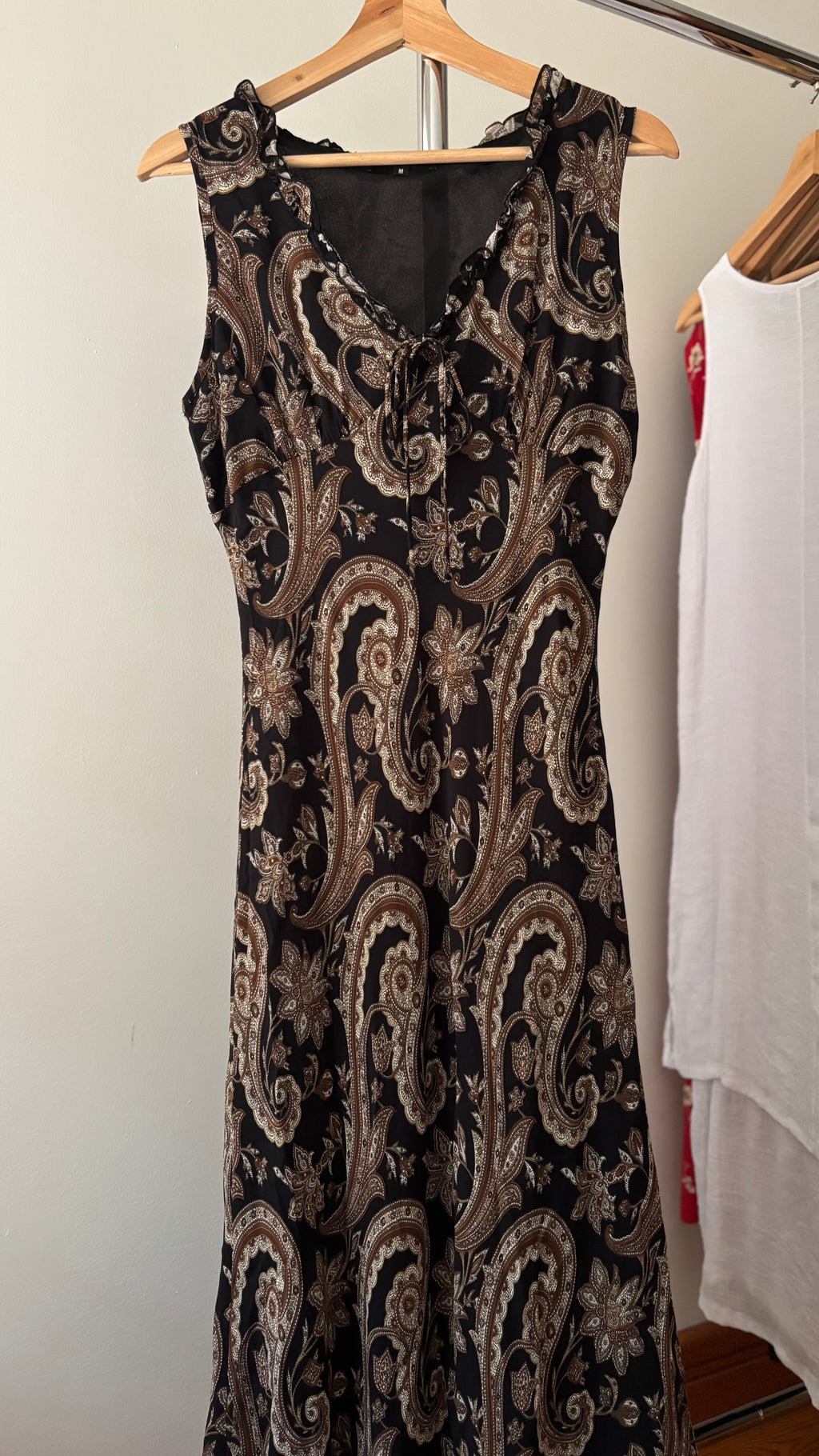 1990s Brown Paisley Maxi Dress with Ruffled Neckline