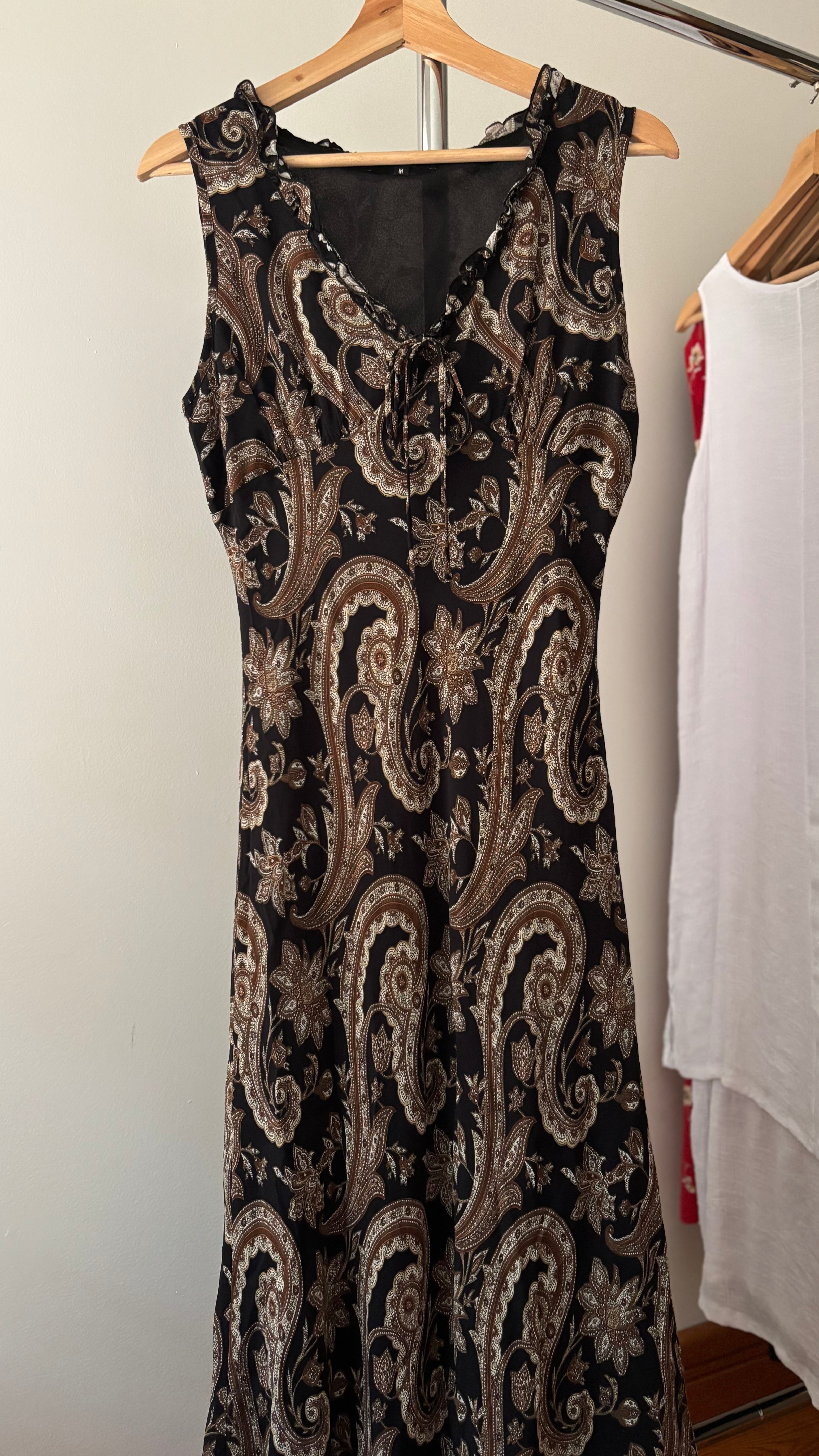 1990s Brown Paisley Maxi Dress with Ruffled Neckline