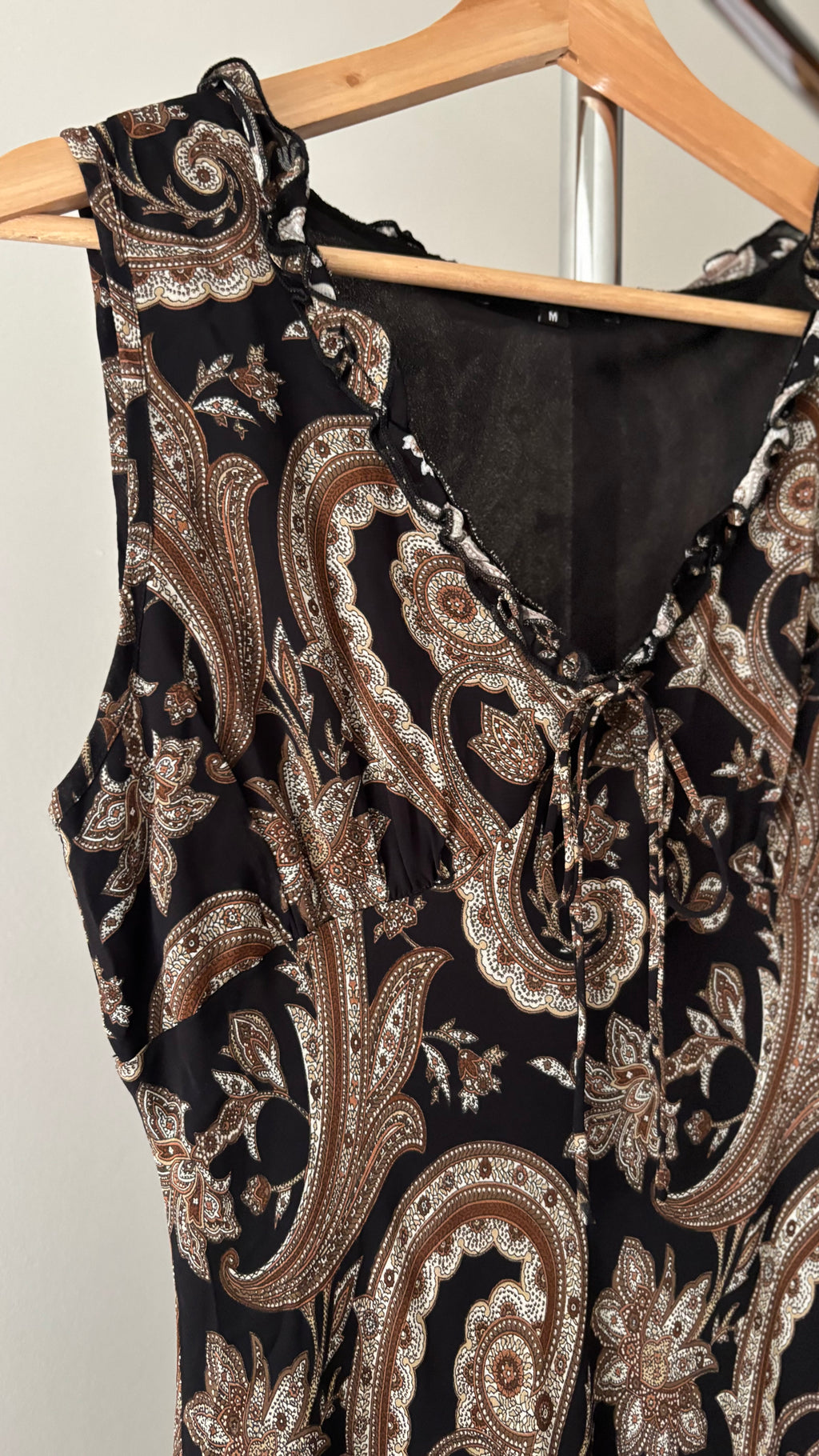 1990s Brown Paisley Maxi Dress with Ruffled Neckline