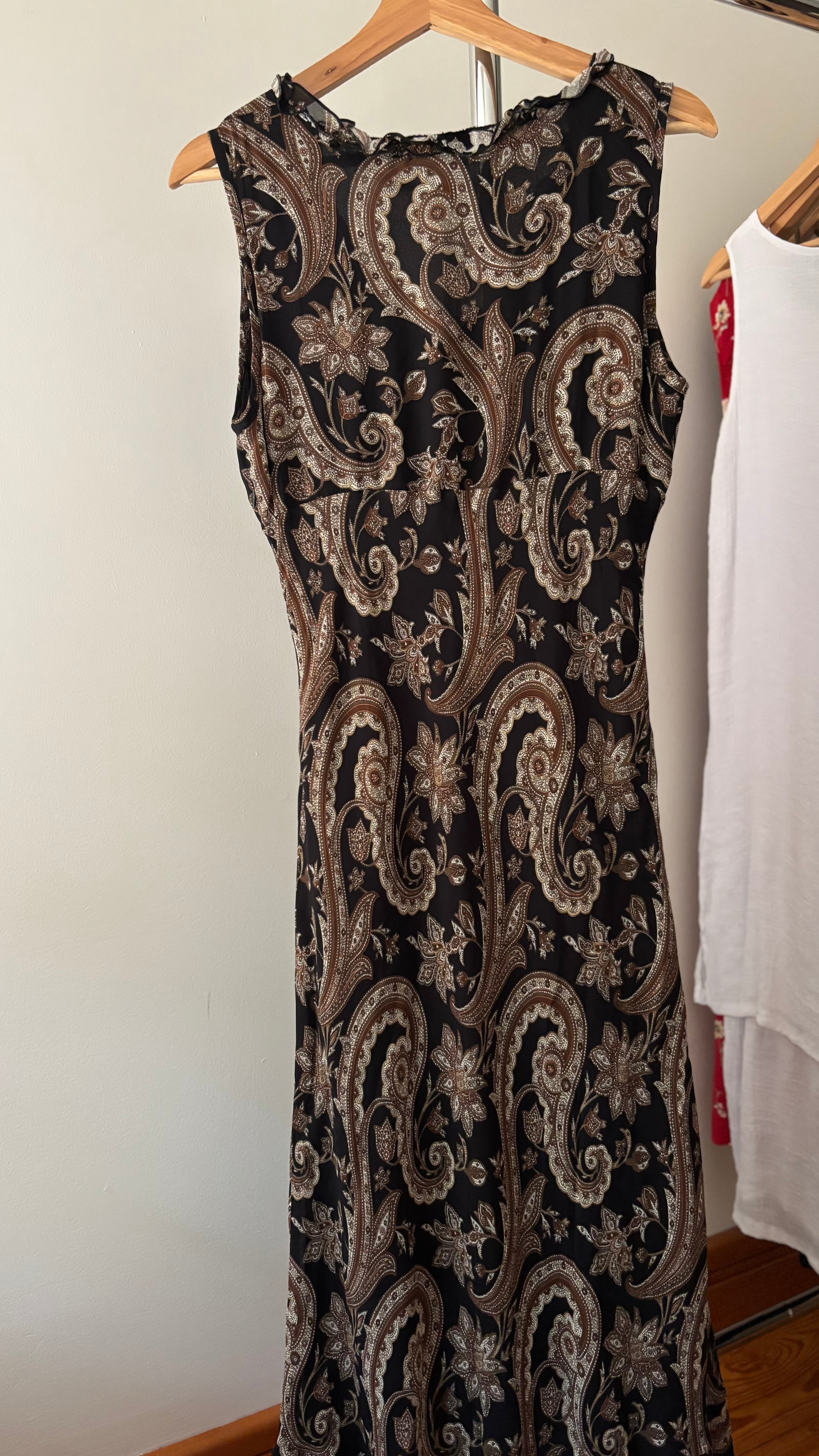 1990s Brown Paisley Maxi Dress with Ruffled Neckline
