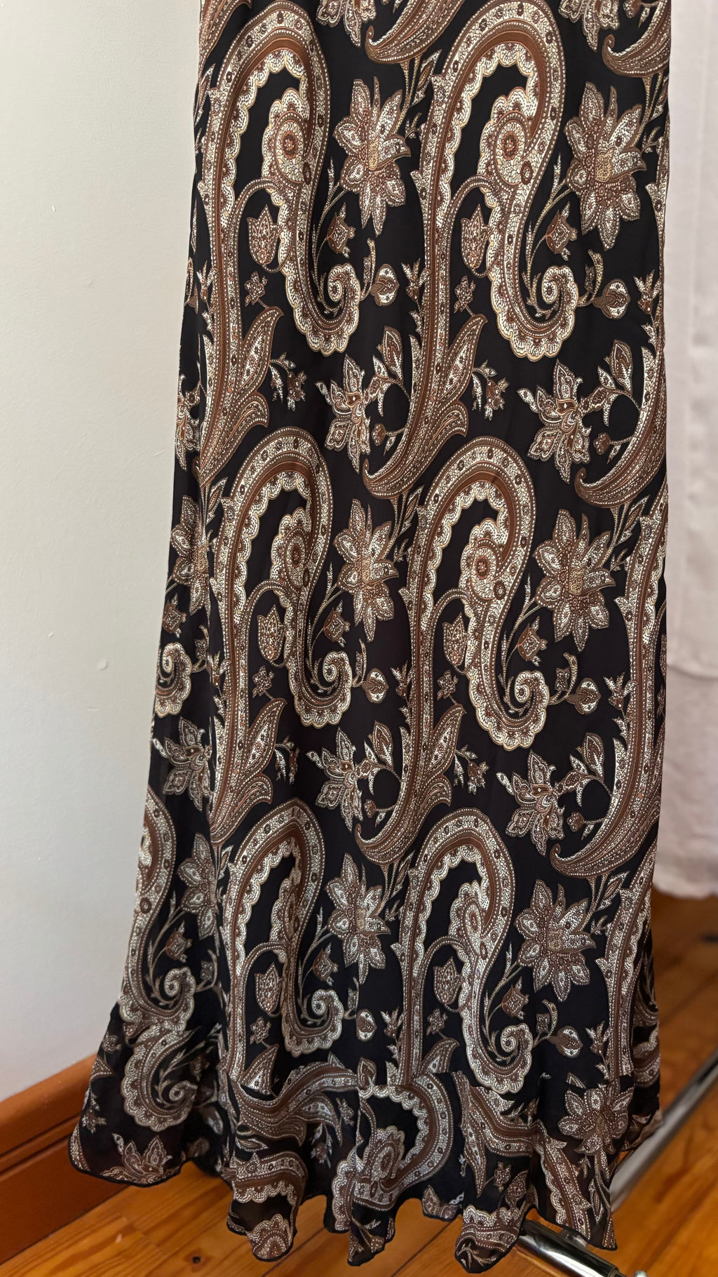 1990s Brown Paisley Maxi Dress with Ruffled Neckline