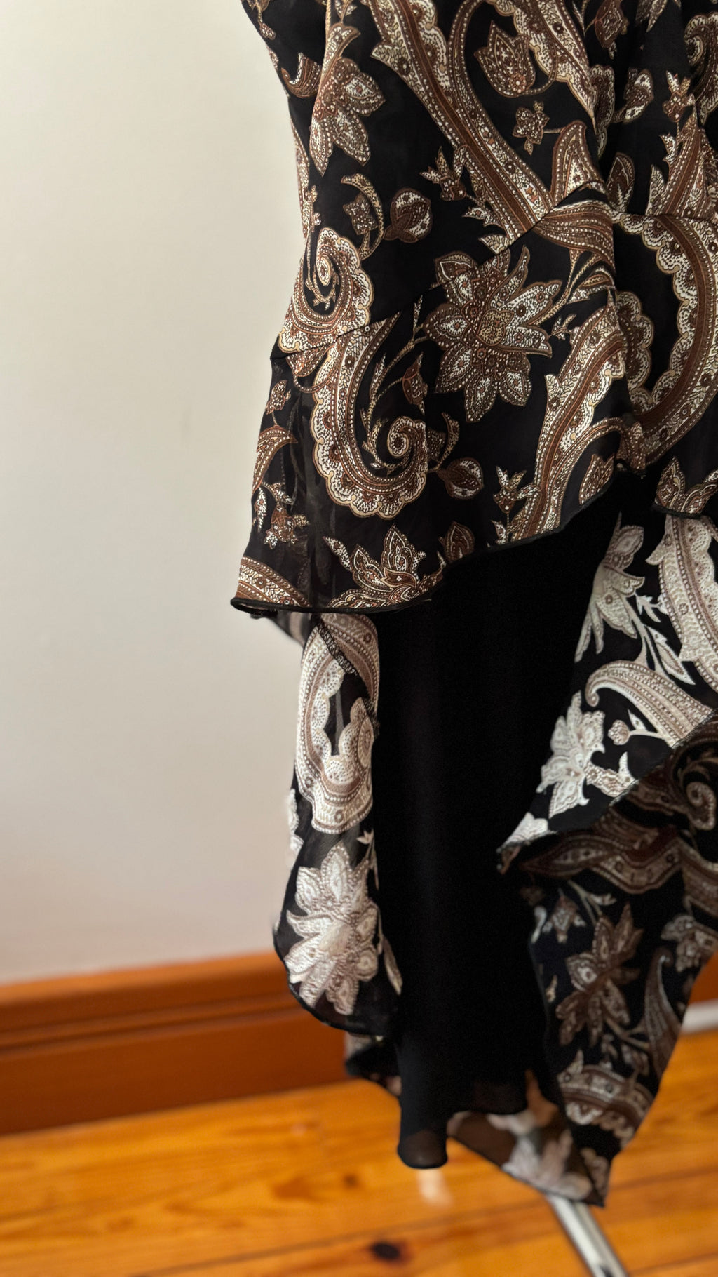 1990s Brown Paisley Maxi Dress with Ruffled Neckline