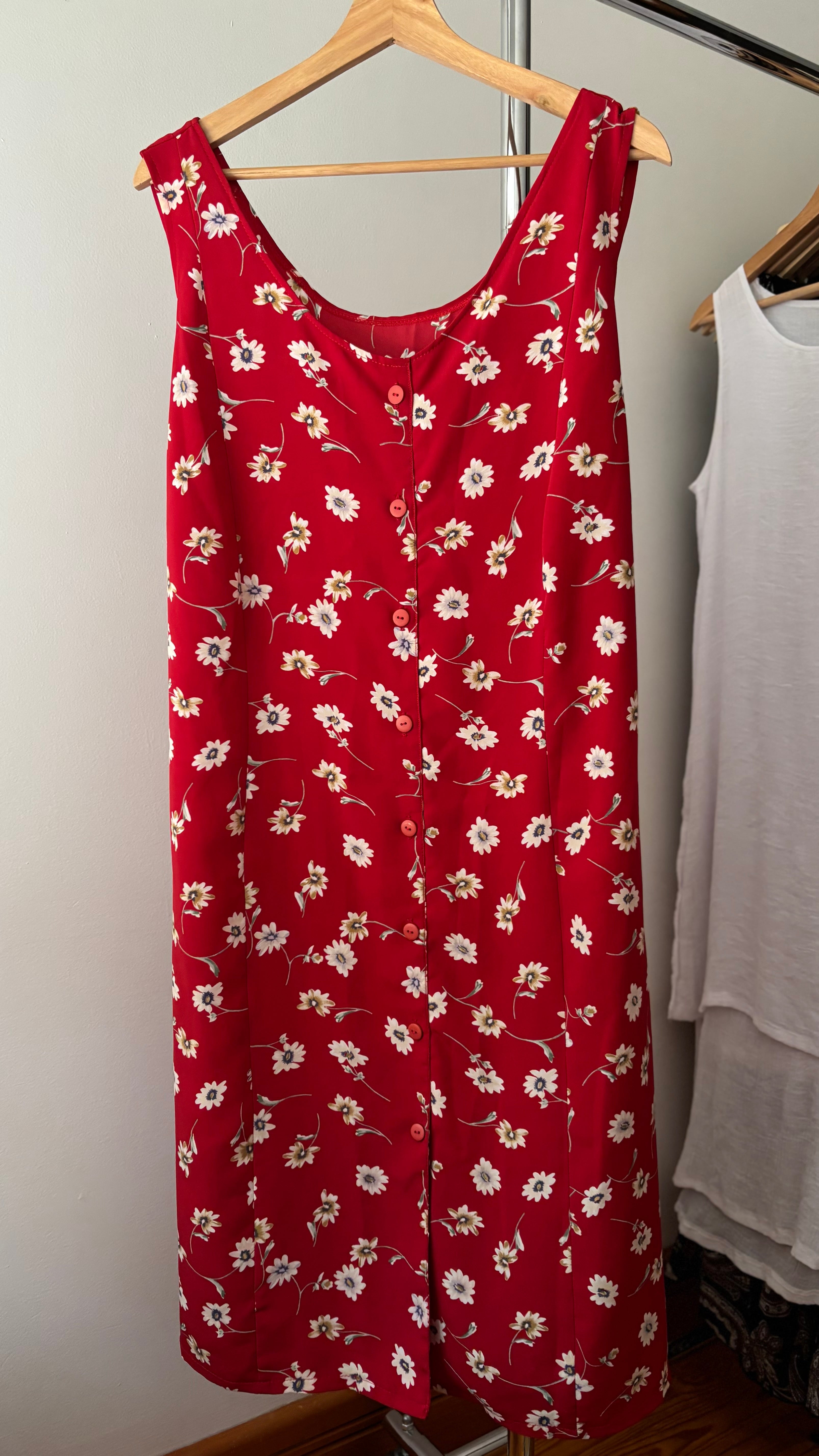 1990s Red Floral Tie-Back Midi Dress