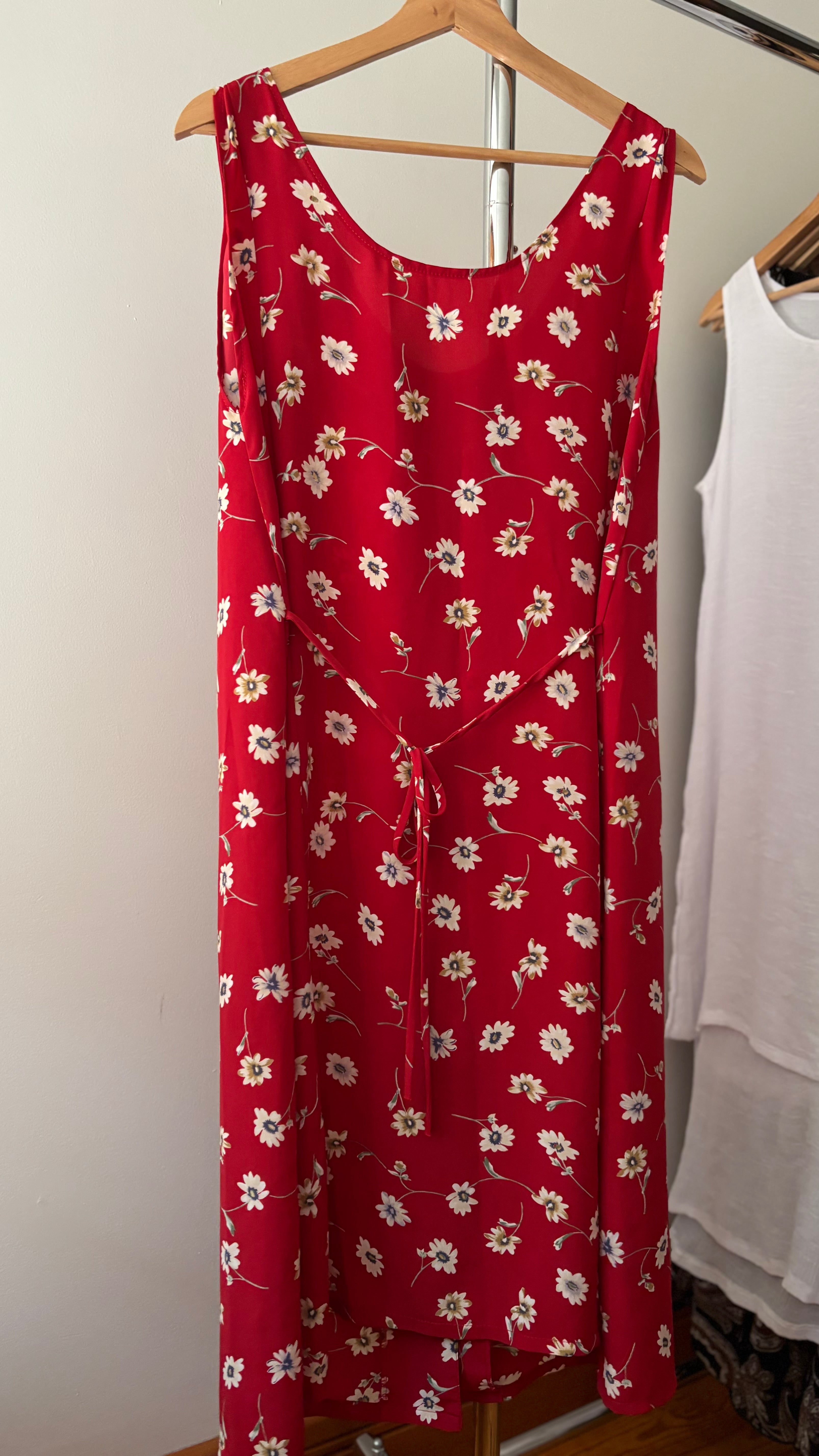 1990s Red Floral Tie-Back Midi Dress