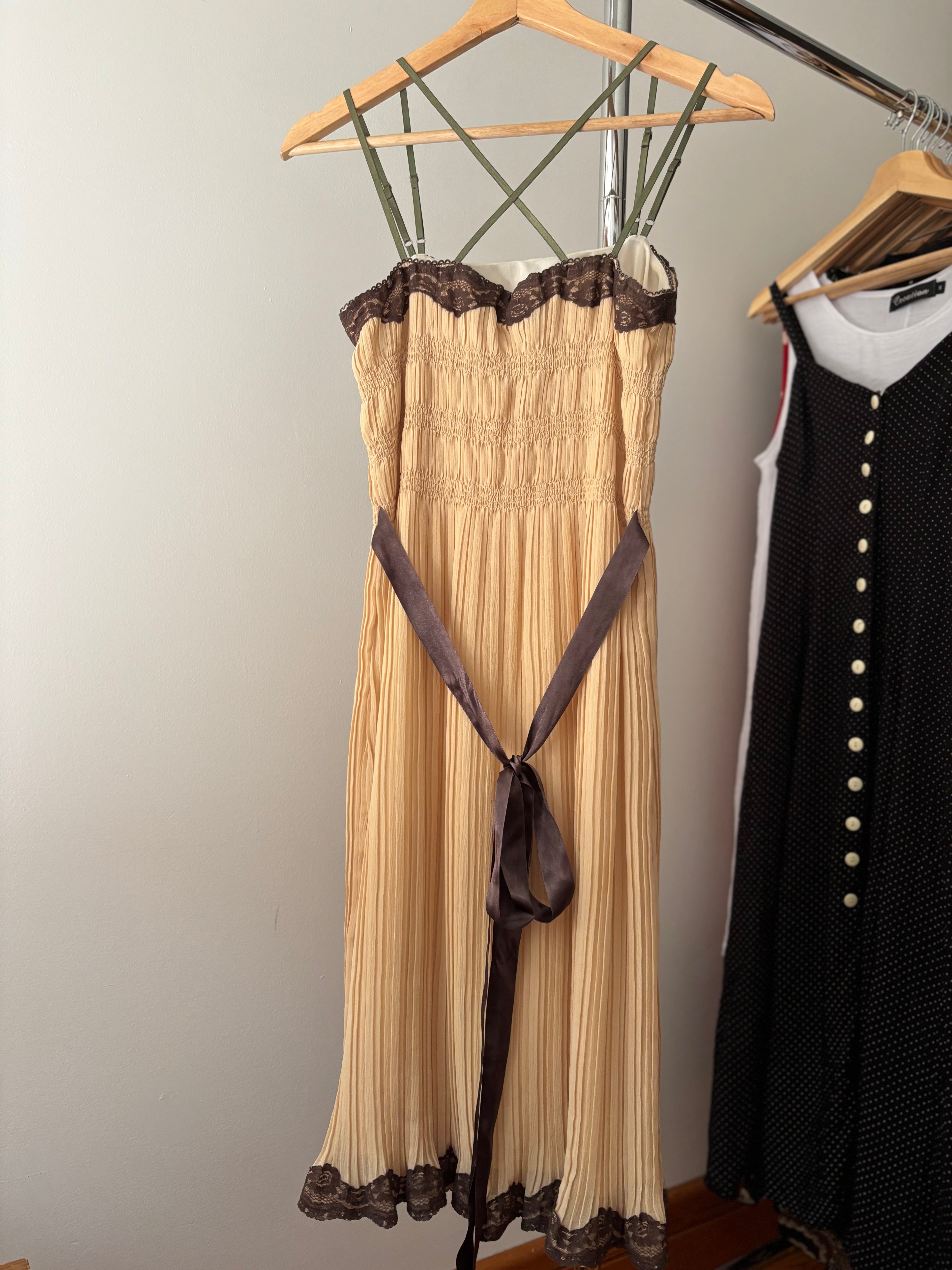 Y2K Lace Trim Tie-Back Midi Dress