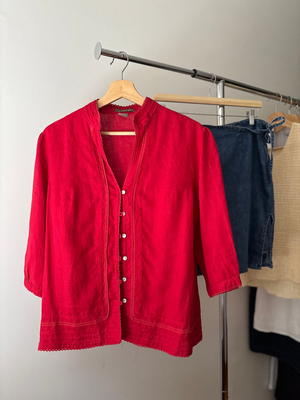 Y2K Red Linen Puff Sleeve Blouse with Lace Trim