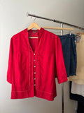 Y2K Red Linen Puff Sleeve Blouse with Lace Trim