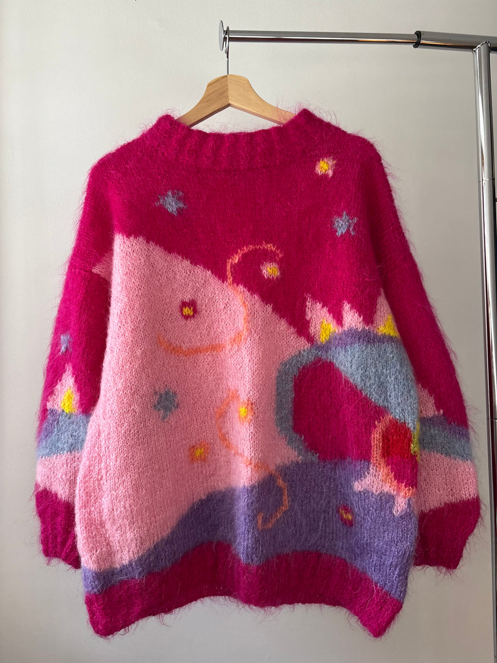 1990s Handknit Pink Abstract Mohair Sweater | Vintage Oversized Colourful Wool Mockneck Knit