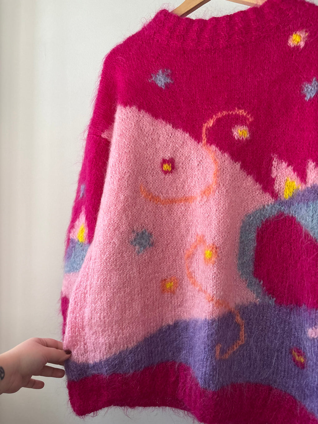 1990s Handknit Pink Abstract Mohair Sweater | Vintage Oversized Colourful Wool Mockneck Knit