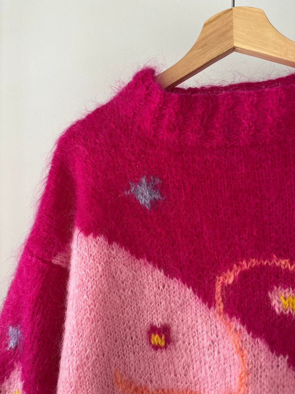 1990s Handknit Pink Abstract Mohair Sweater | Vintage Oversized Colourful Wool Mockneck Knit