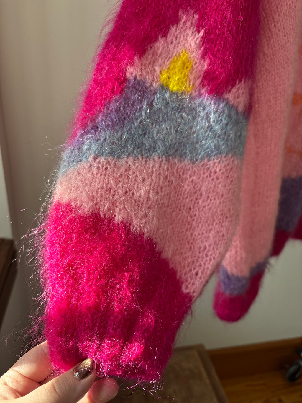 1990s Handknit Pink Abstract Mohair Sweater | Vintage Oversized Colourful Wool Mockneck Knit