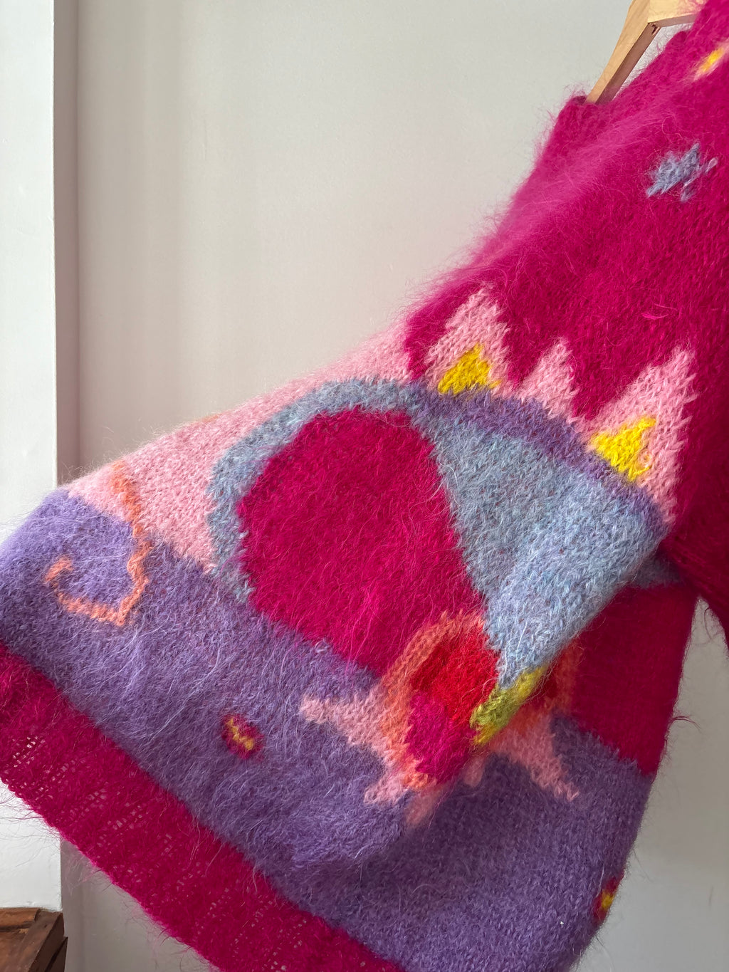 1990s Handknit Pink Abstract Mohair Sweater | Vintage Oversized Colourful Wool Mockneck Knit