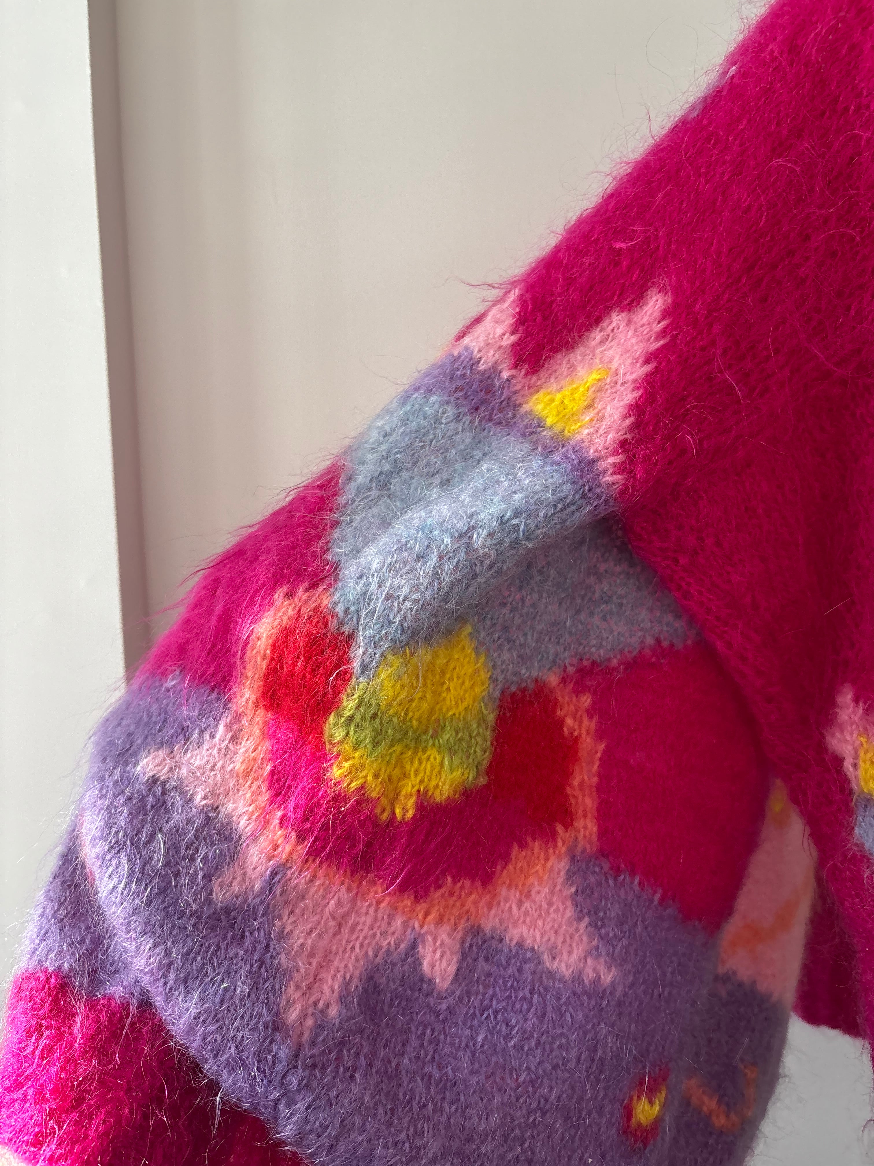1990s Handknit Pink Abstract Mohair Sweater | Vintage Oversized Colourful Wool Mockneck Knit