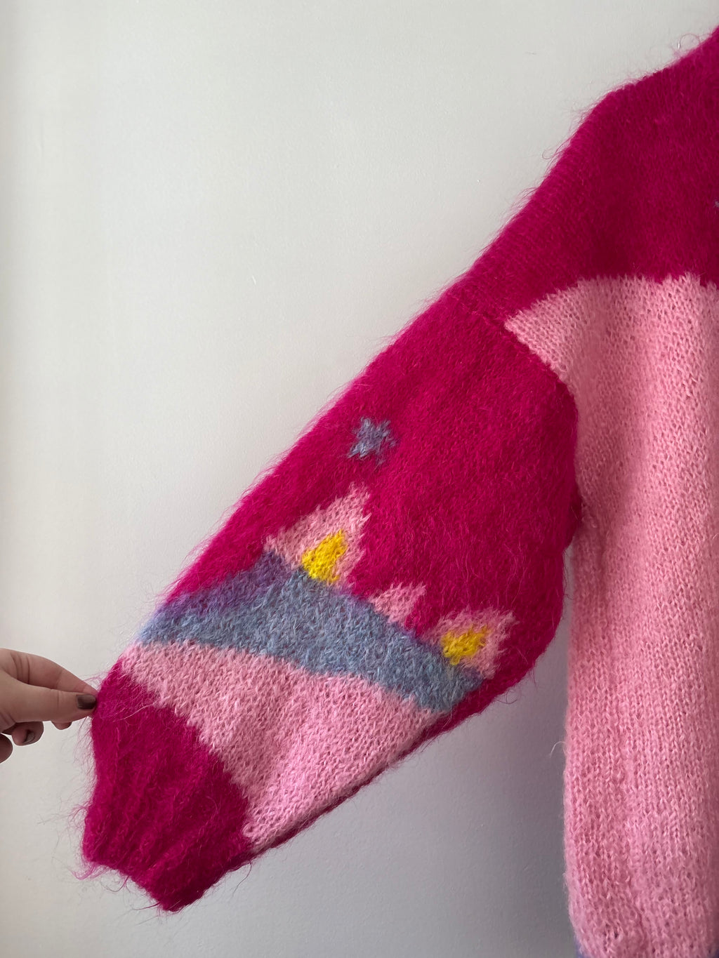 1990s Handknit Pink Abstract Mohair Sweater | Vintage Oversized Colourful Wool Mockneck Knit