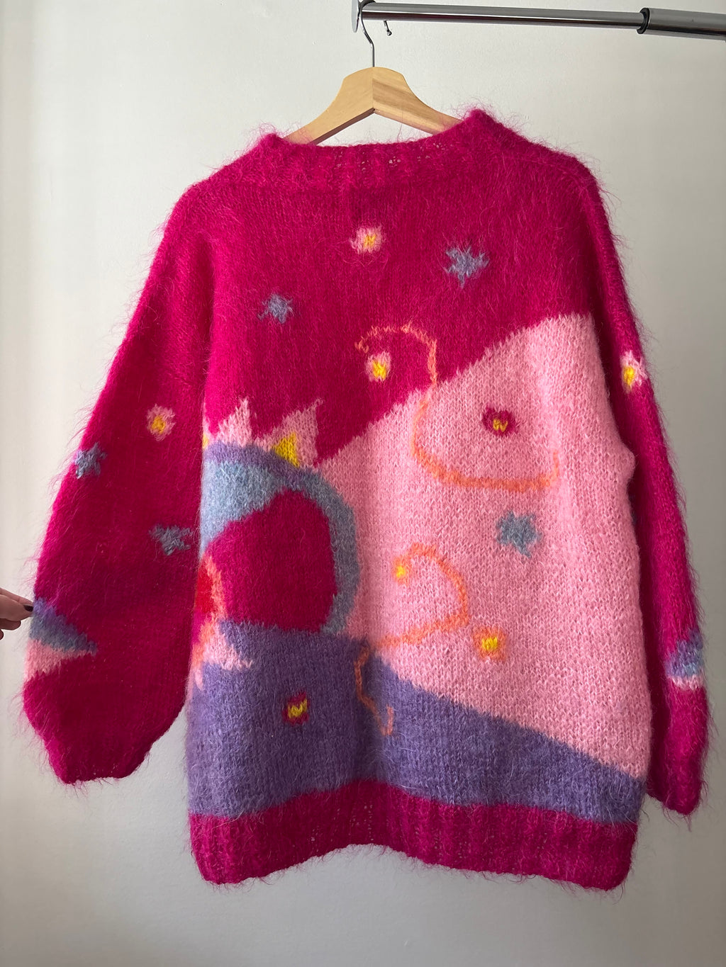 1990s Handknit Pink Abstract Mohair Sweater | Vintage Oversized Colourful Wool Mockneck Knit