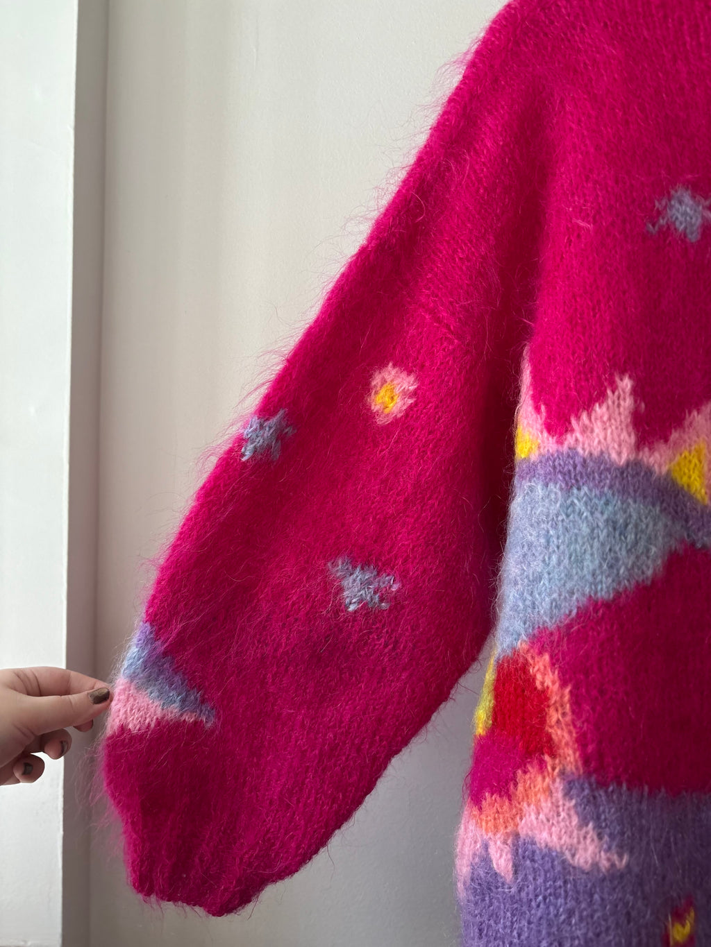 1990s Handknit Pink Abstract Mohair Sweater | Vintage Oversized Colourful Wool Mockneck Knit