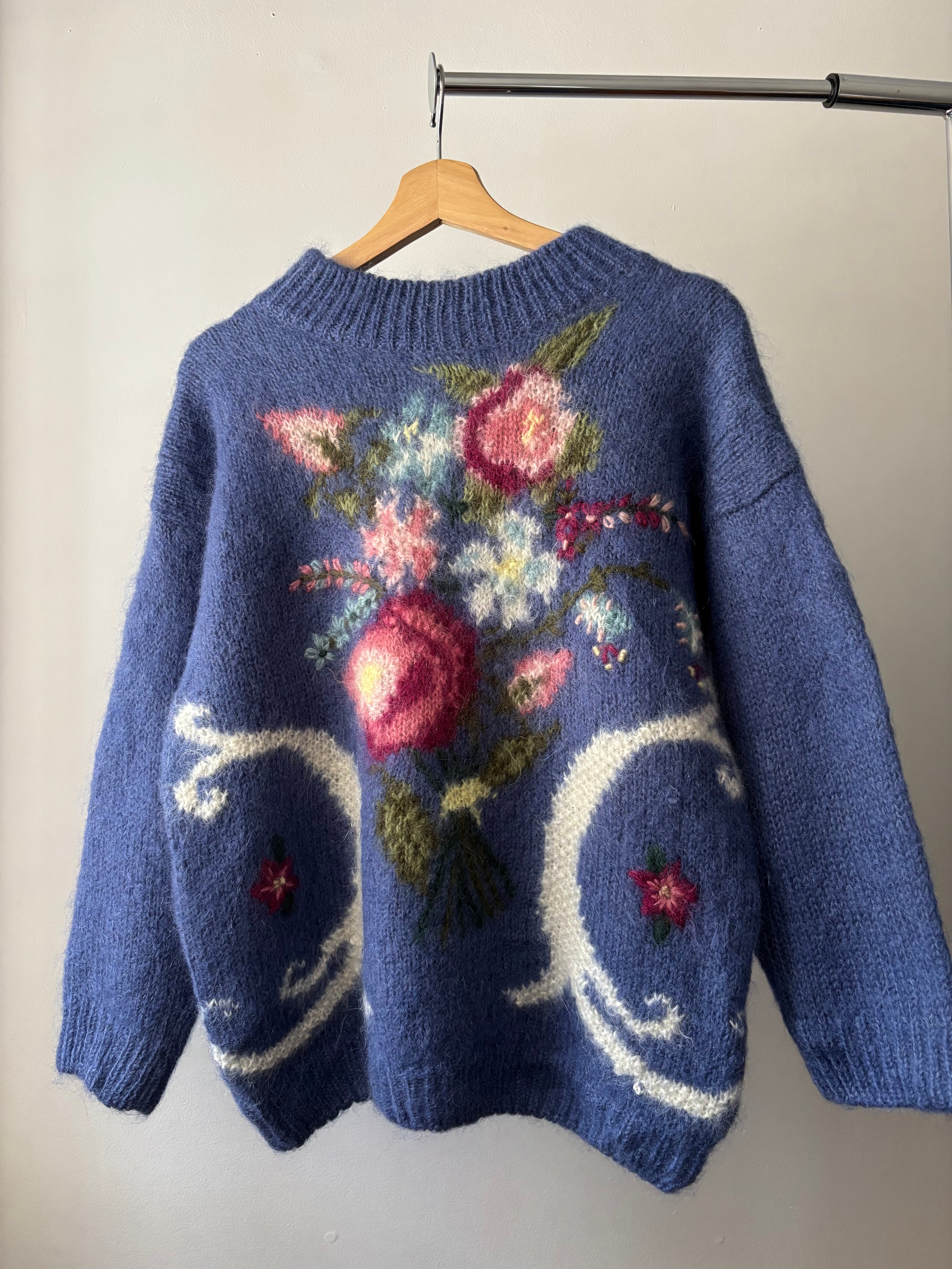 1990s Handknit Mohair Floral Sweater | Vintage Thick Wool Mockneck Knit