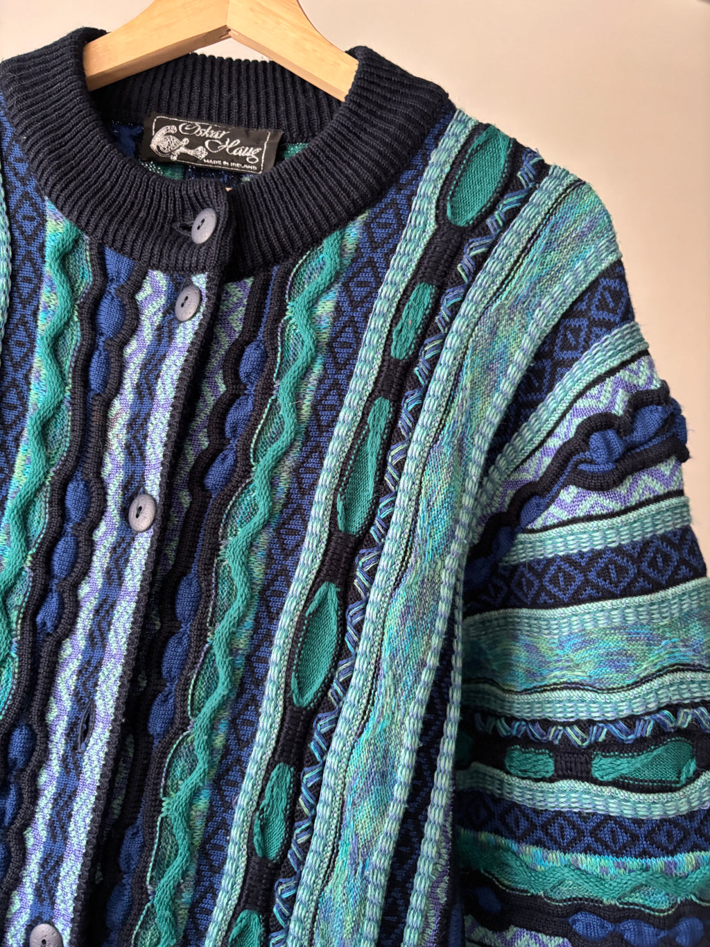 1990s Ireland Wool Cardigan | Vintage Textured Patterned Sweater