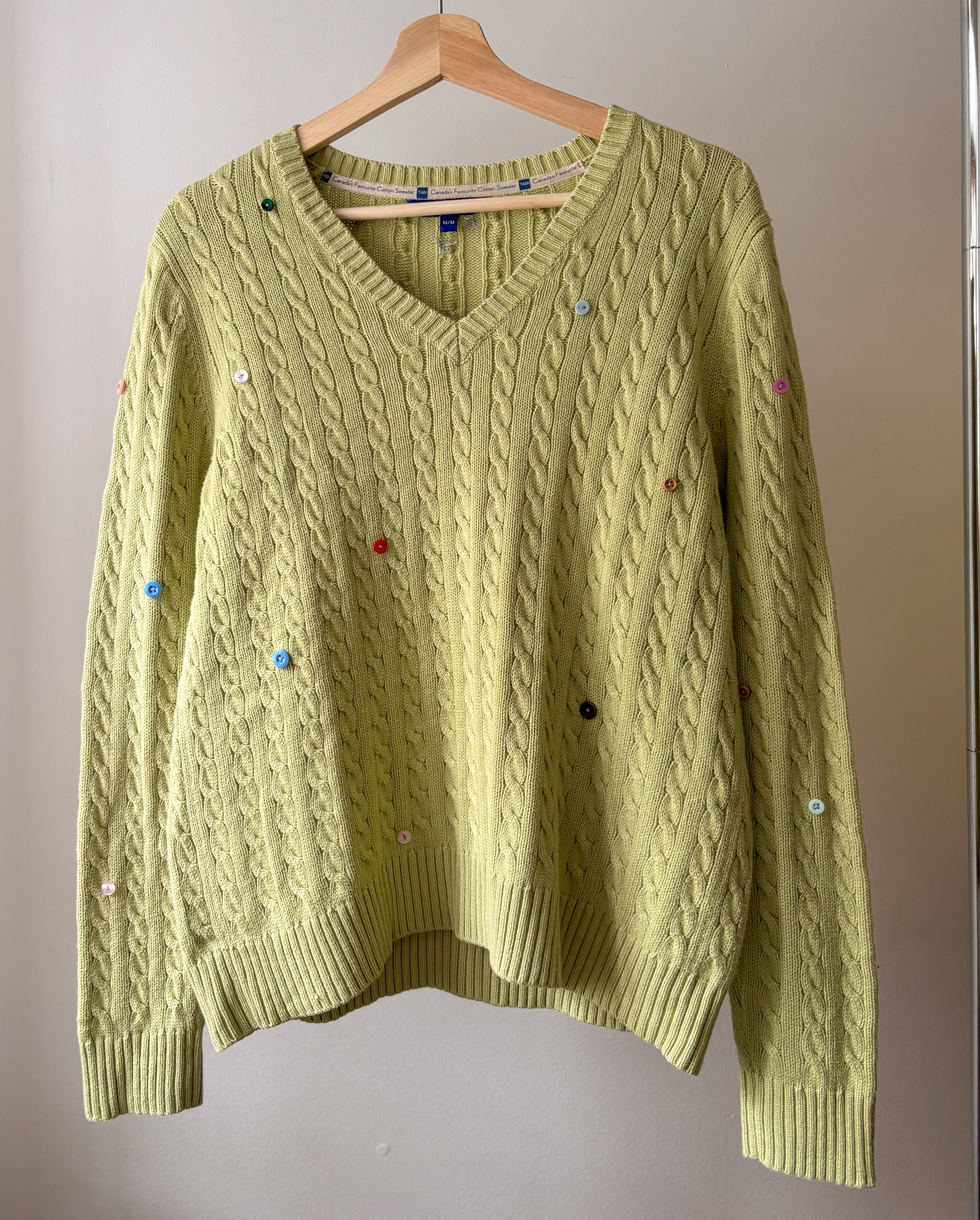 1990s Green Cotton Cable knit with Buttons | Vintage Boxy Upcycled Knit