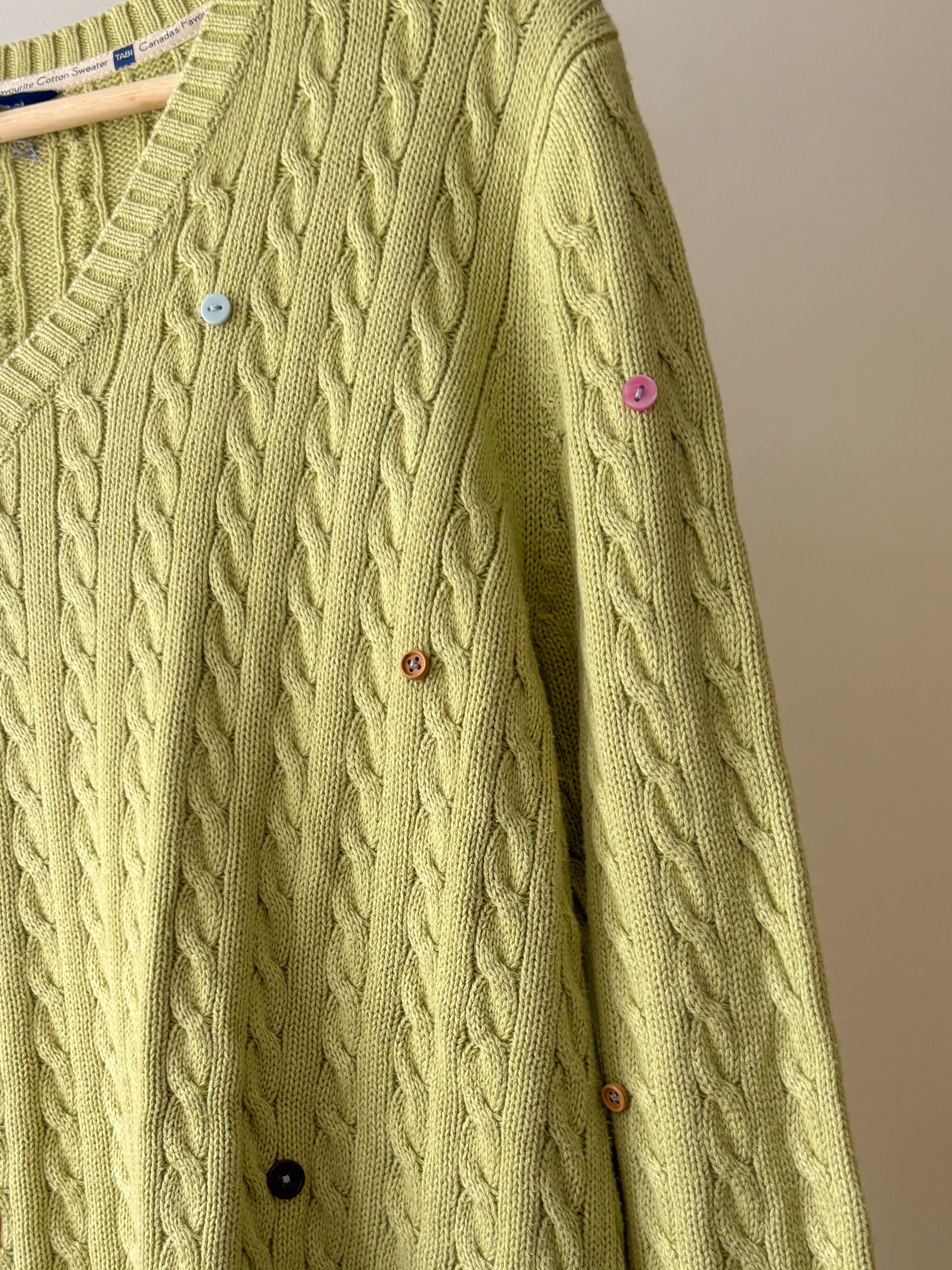 1990s Green Cotton Cable knit with Buttons | Vintage Boxy Upcycled Knit