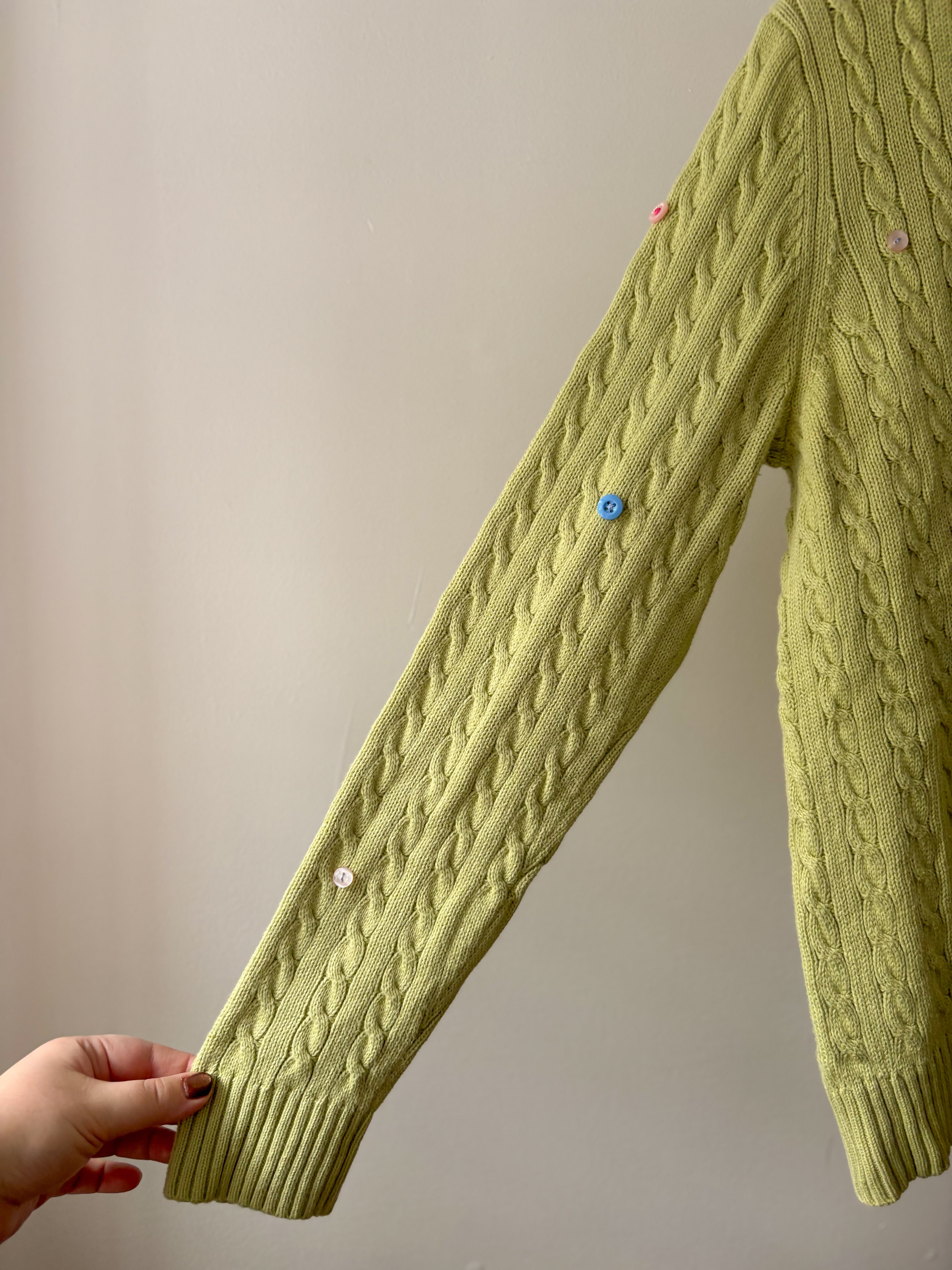 1990s Green Cotton Cable knit with Buttons | Vintage Boxy Upcycled Knit
