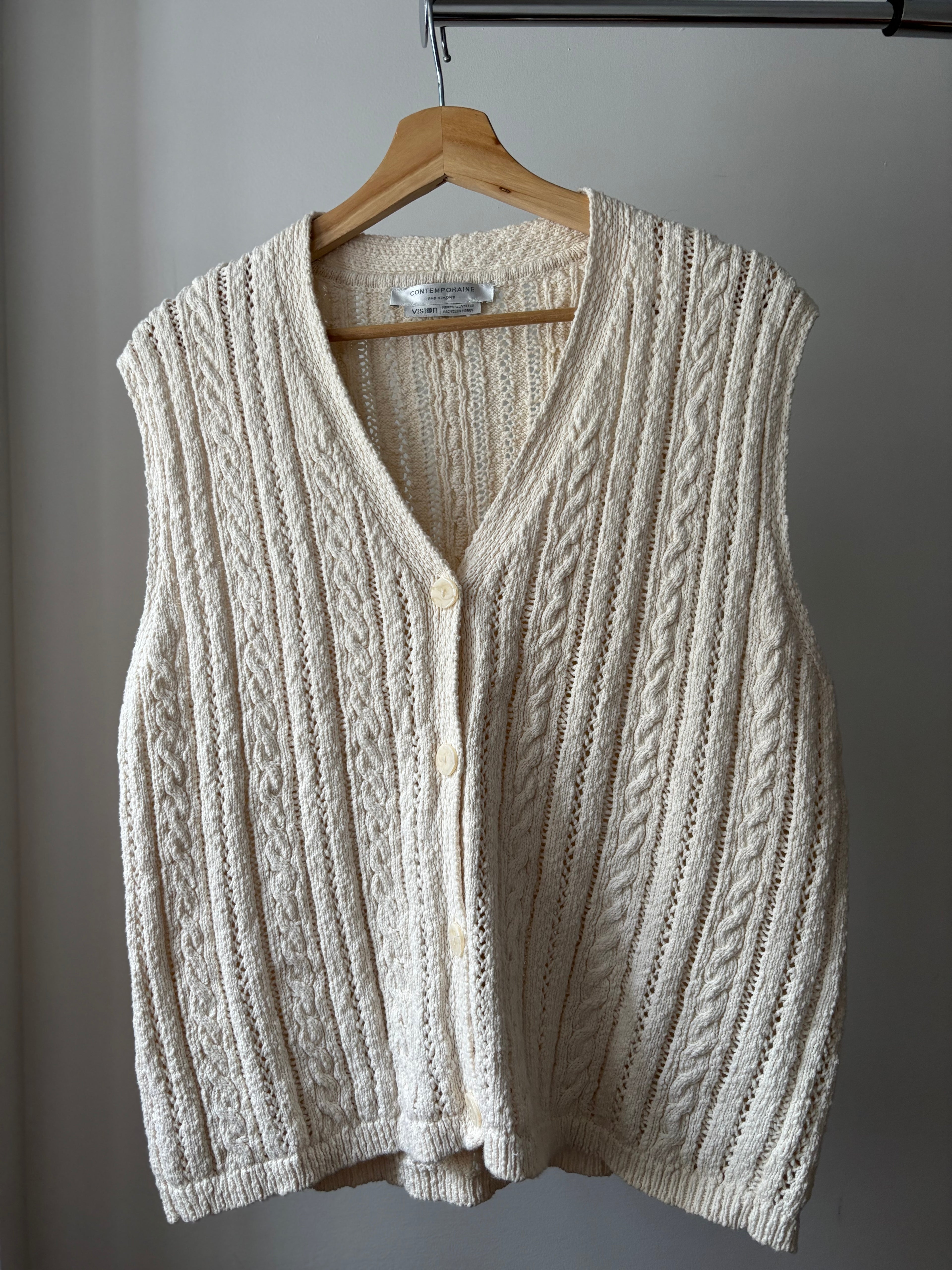 Heavy Cotton & Ramie Cream Vest | Y2K Boxy Sweater Vest