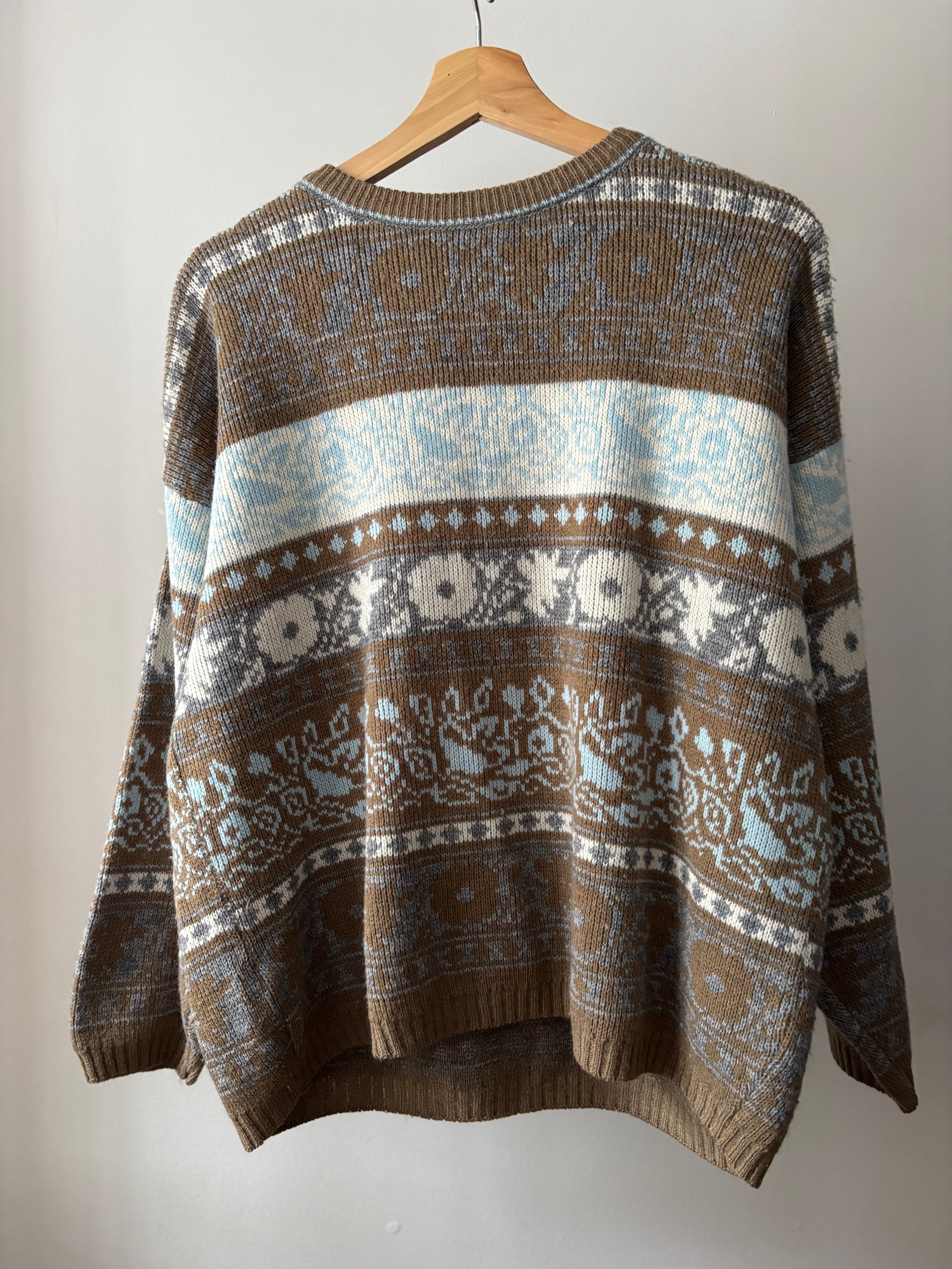 1990s Cropped Brown & Blue Patterned Sweater