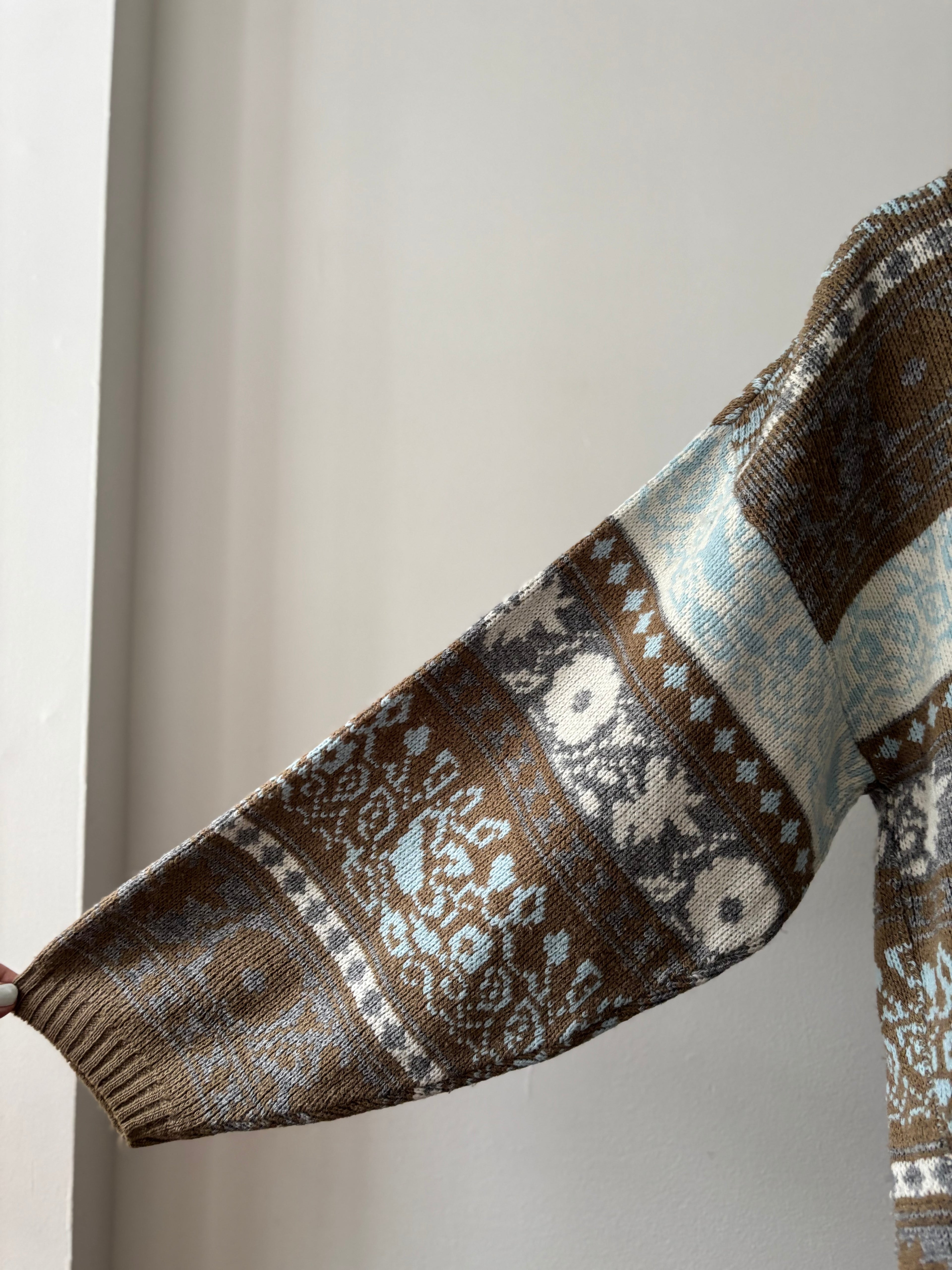 1990s Cropped Brown & Blue Patterned Sweater