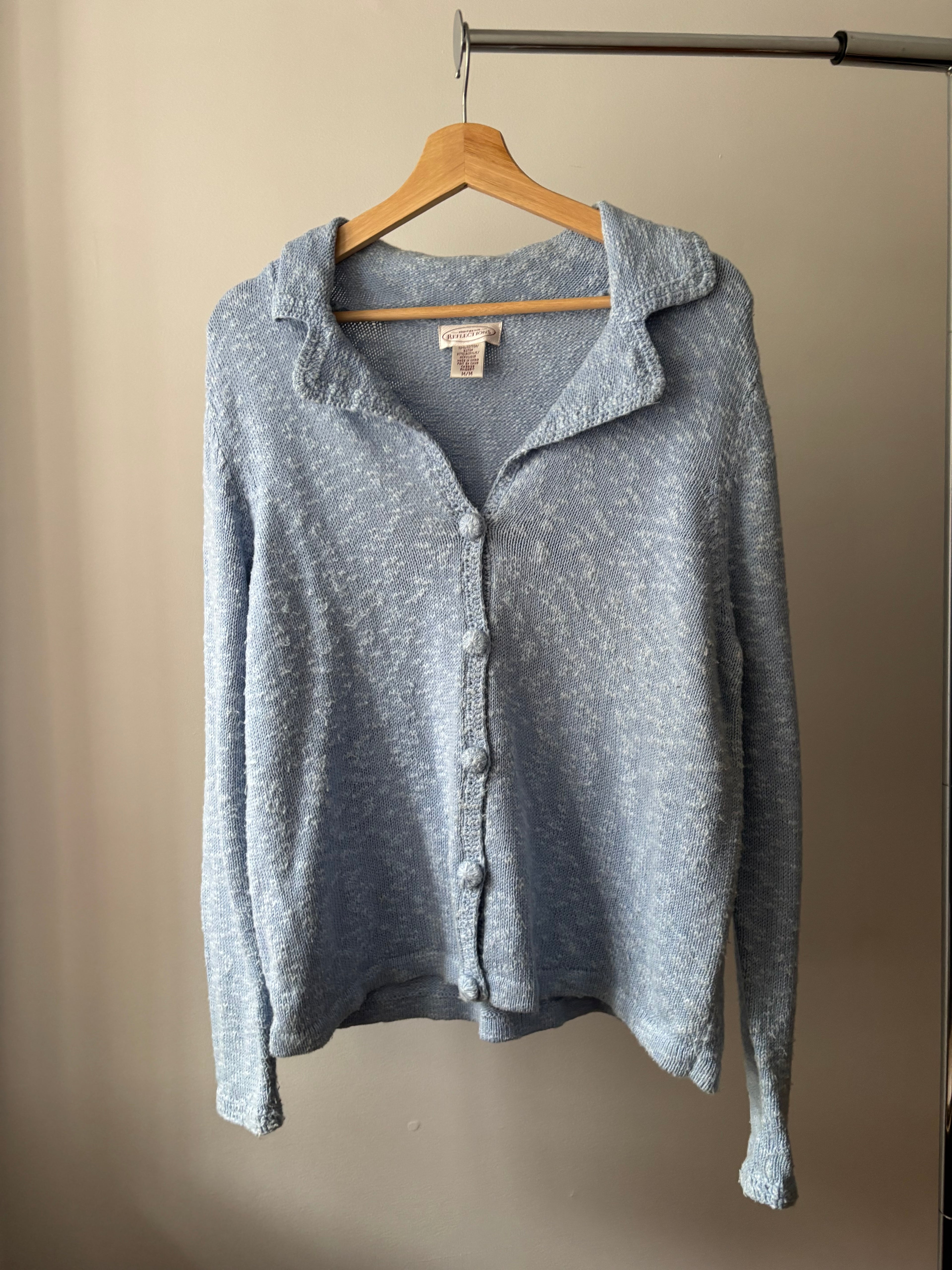 Y2K Soft Blue Speckled Cotton Cardigan | Vintage Collared Sweater