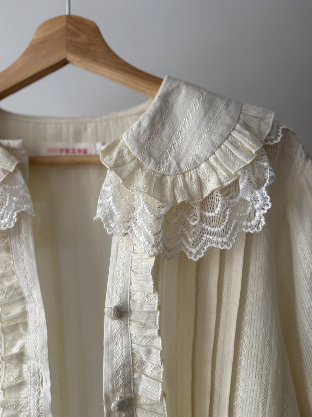 Cream Ruffled Cotton Blouse with Puff Sleeves