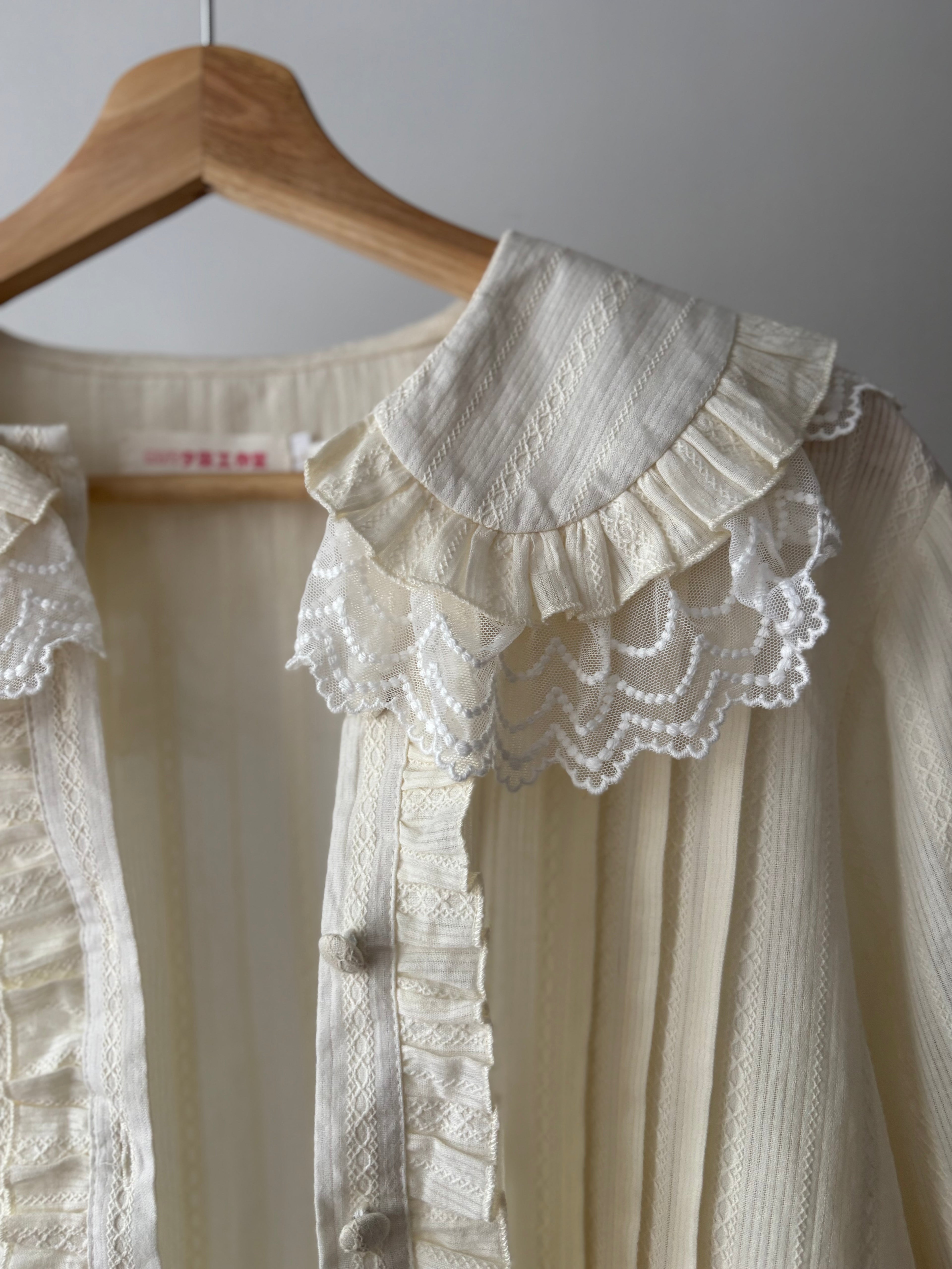 Cream Ruffled Cotton Blouse with Puff Sleeves