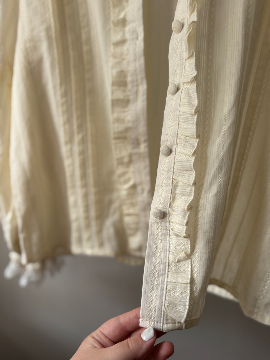 Cream Ruffled Cotton Blouse with Puff Sleeves