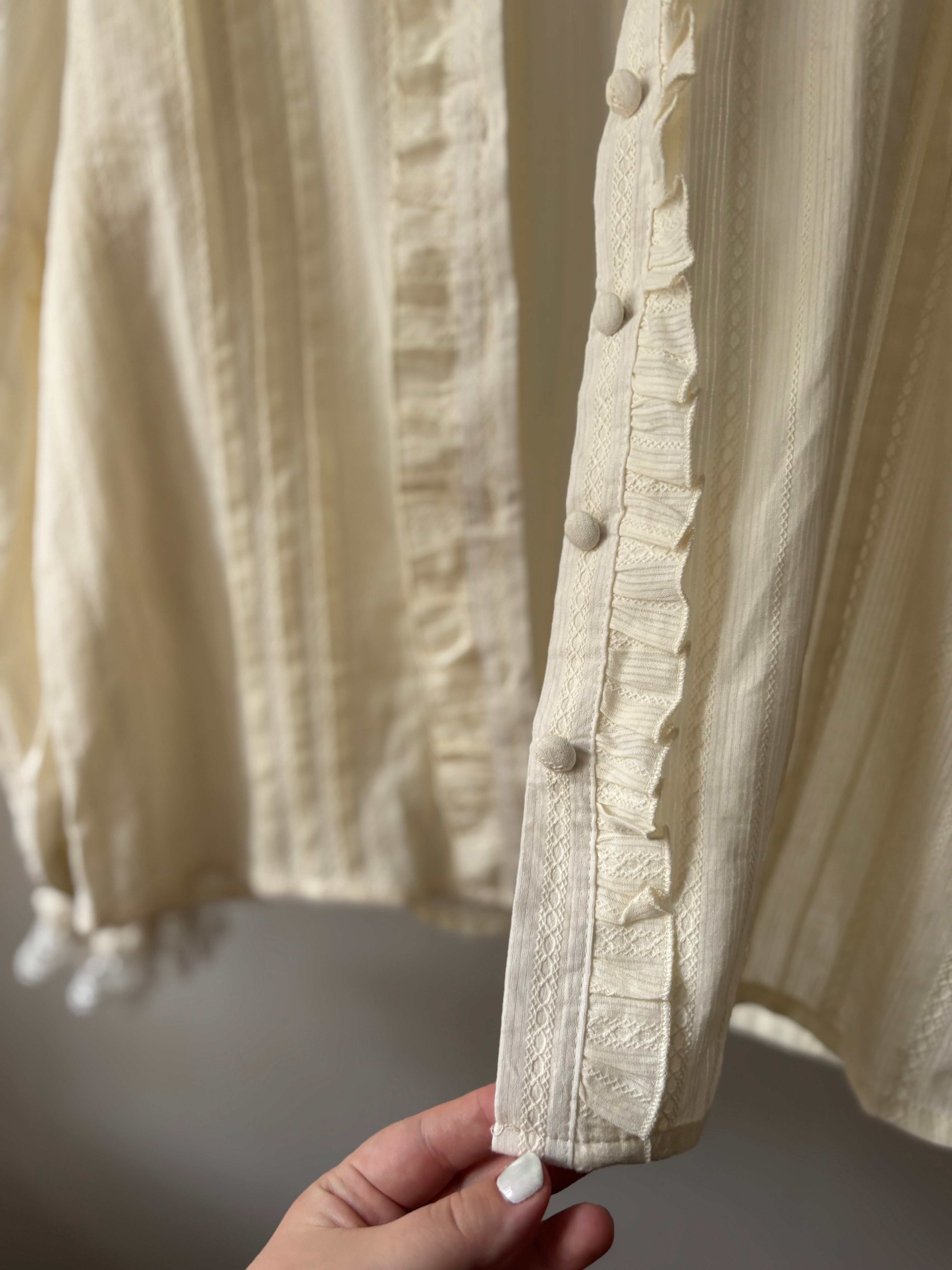 Cream Ruffled Cotton Blouse with Puff Sleeves
