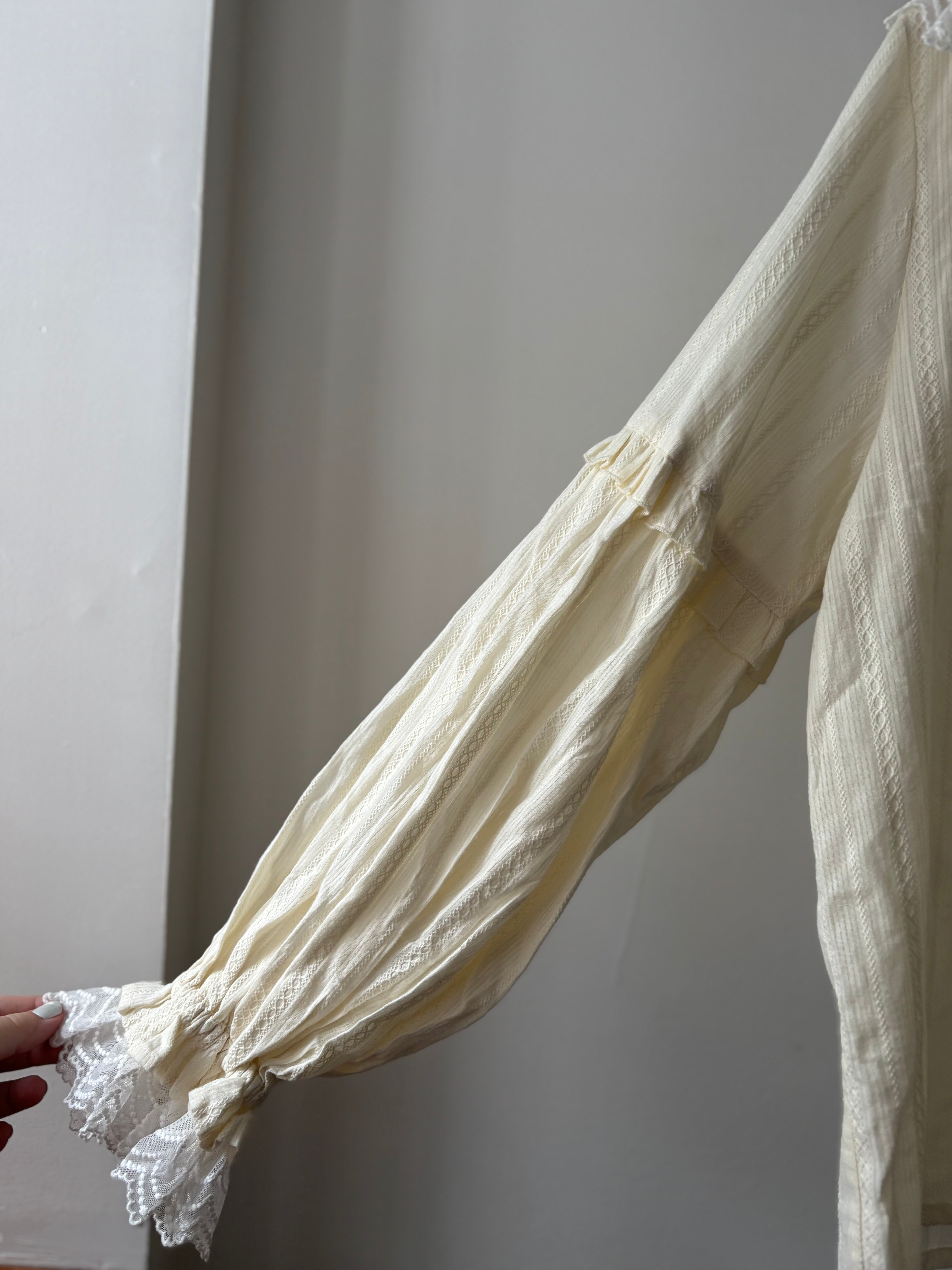 Cream Ruffled Cotton Blouse with Puff Sleeves