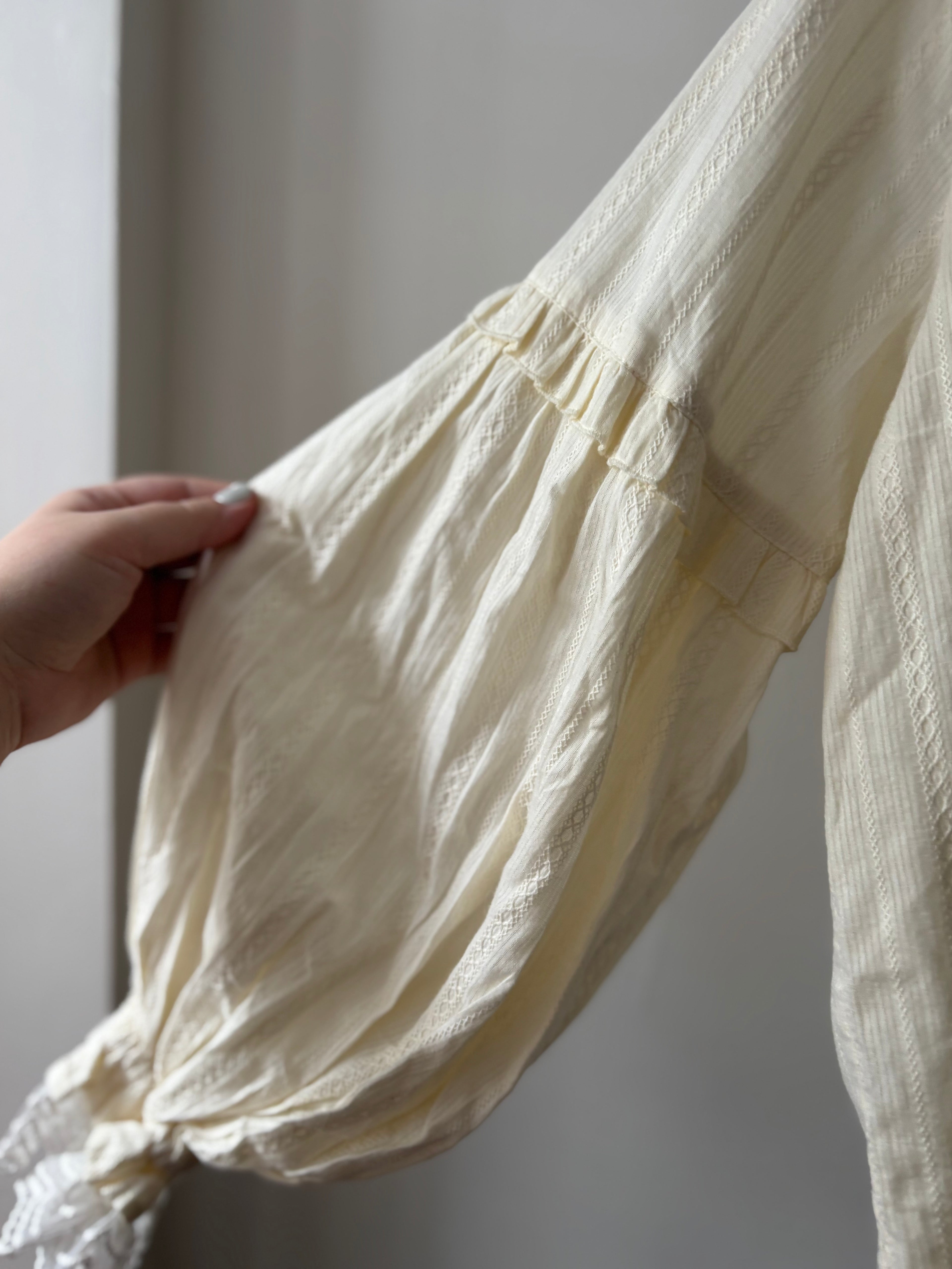 Cream Ruffled Cotton Blouse with Puff Sleeves