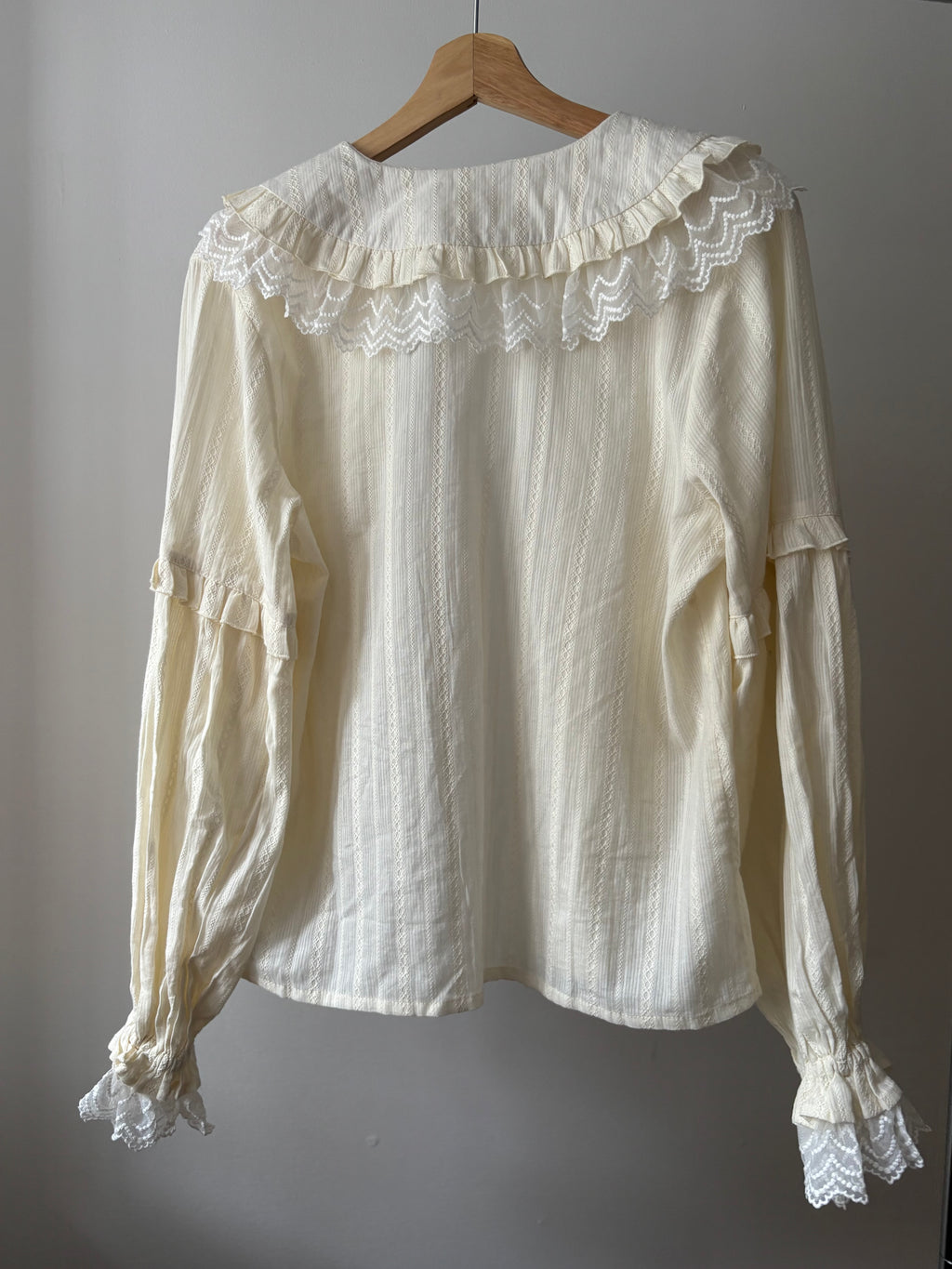 Cream Ruffled Cotton Blouse with Puff Sleeves