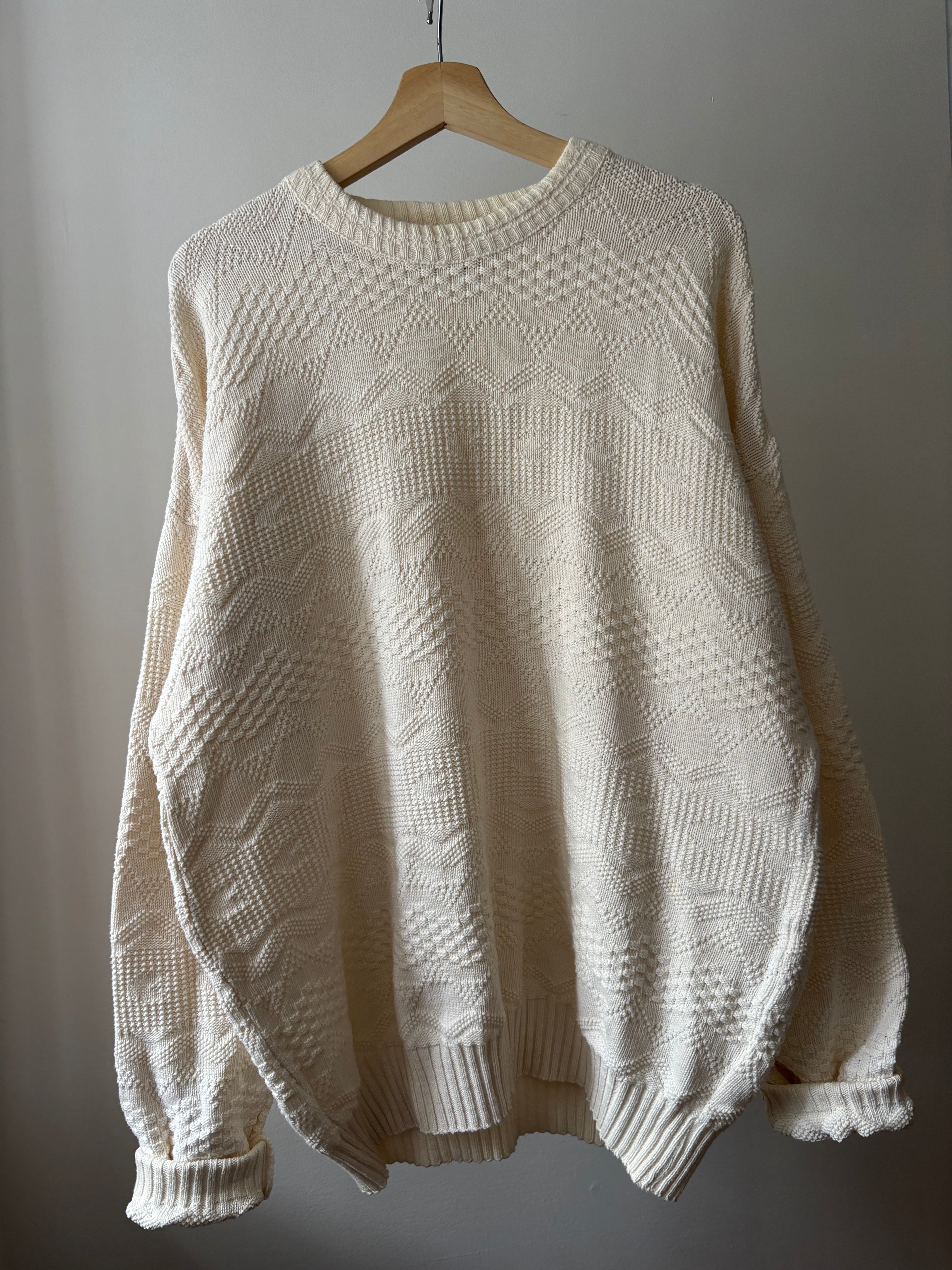 1990s White Patterned Cotton Sweater | Vintage Oversized Knit