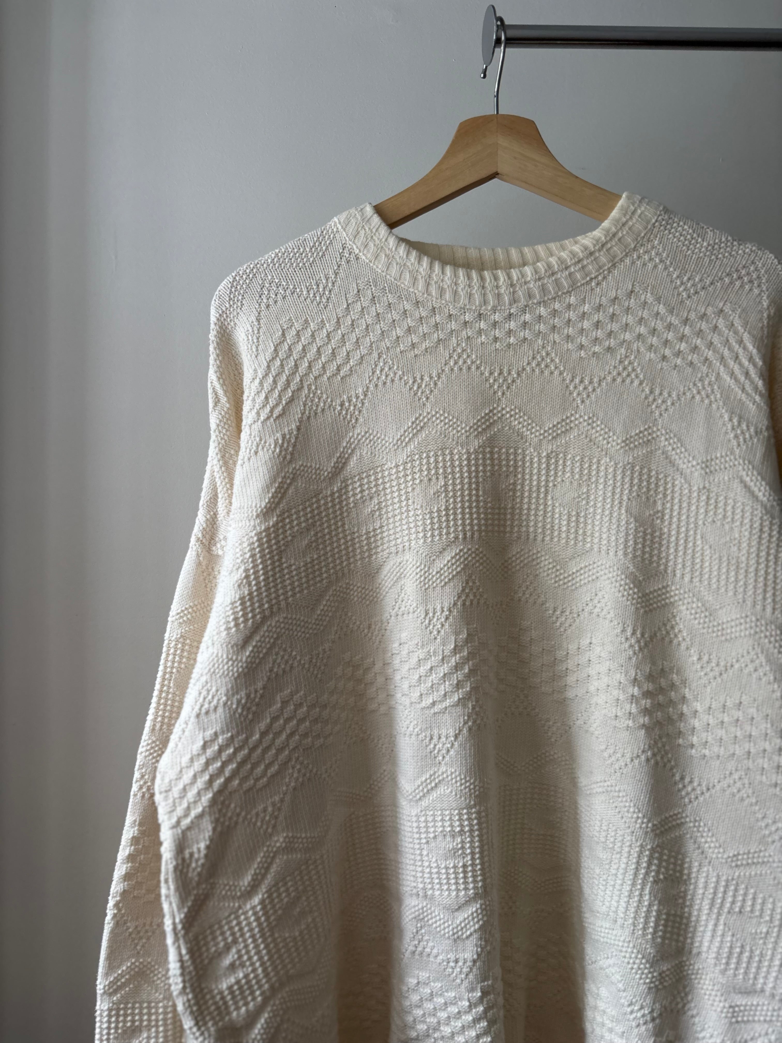 1990s White Patterned Cotton Sweater | Vintage Oversized Knit