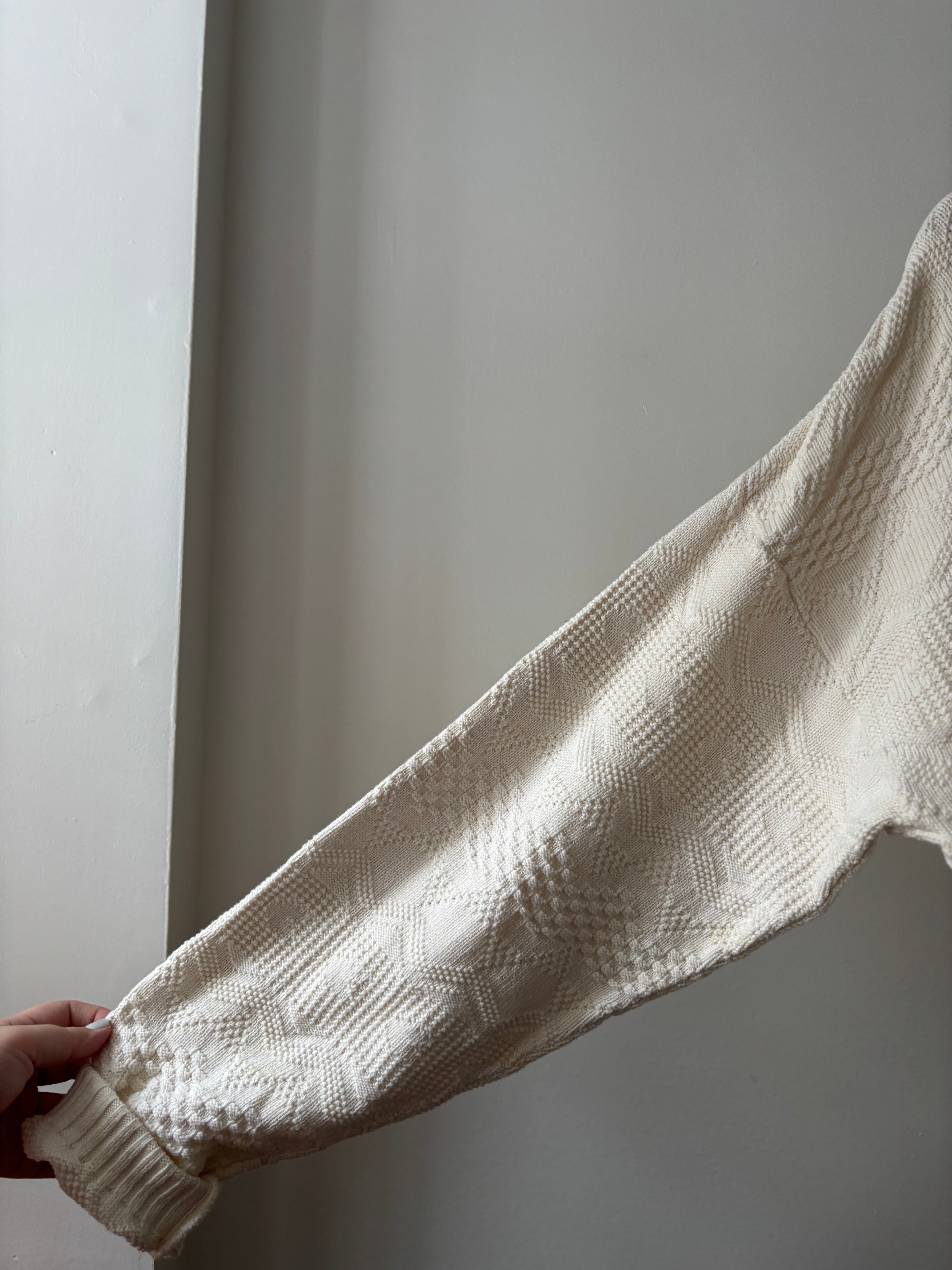 1990s White Patterned Cotton Sweater | Vintage Oversized Knit