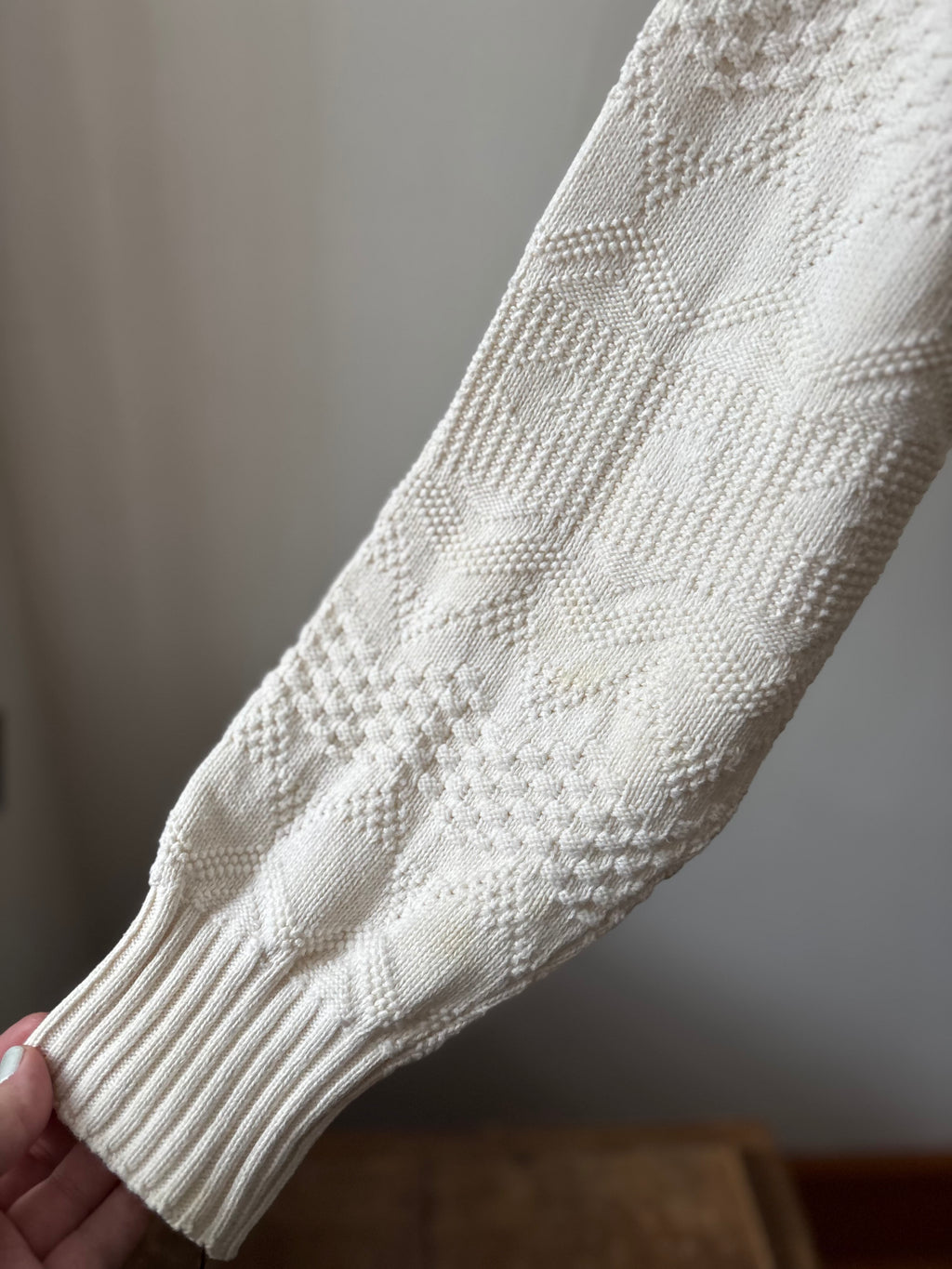 1990s White Patterned Cotton Sweater | Vintage Oversized Knit