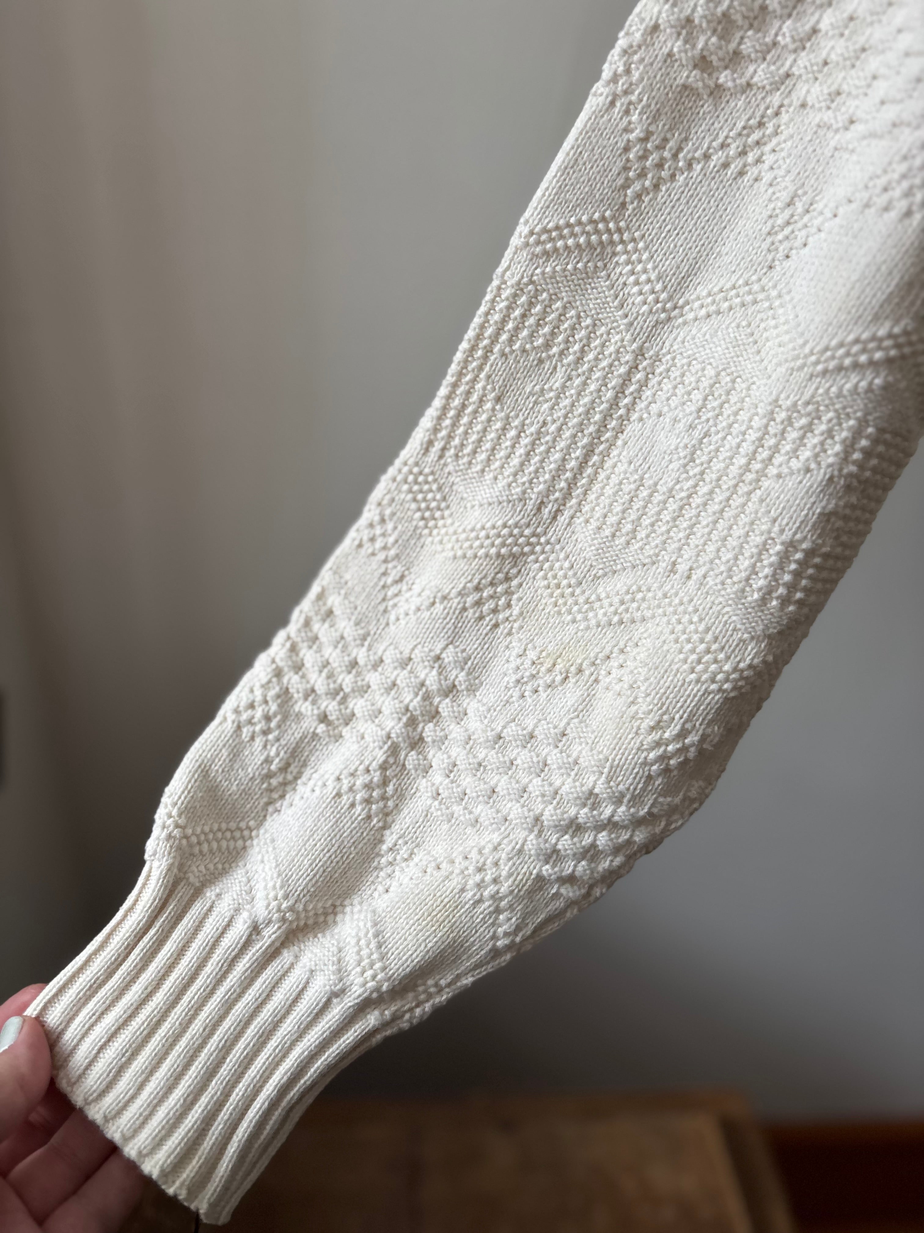 1990s White Patterned Cotton Sweater | Vintage Oversized Knit
