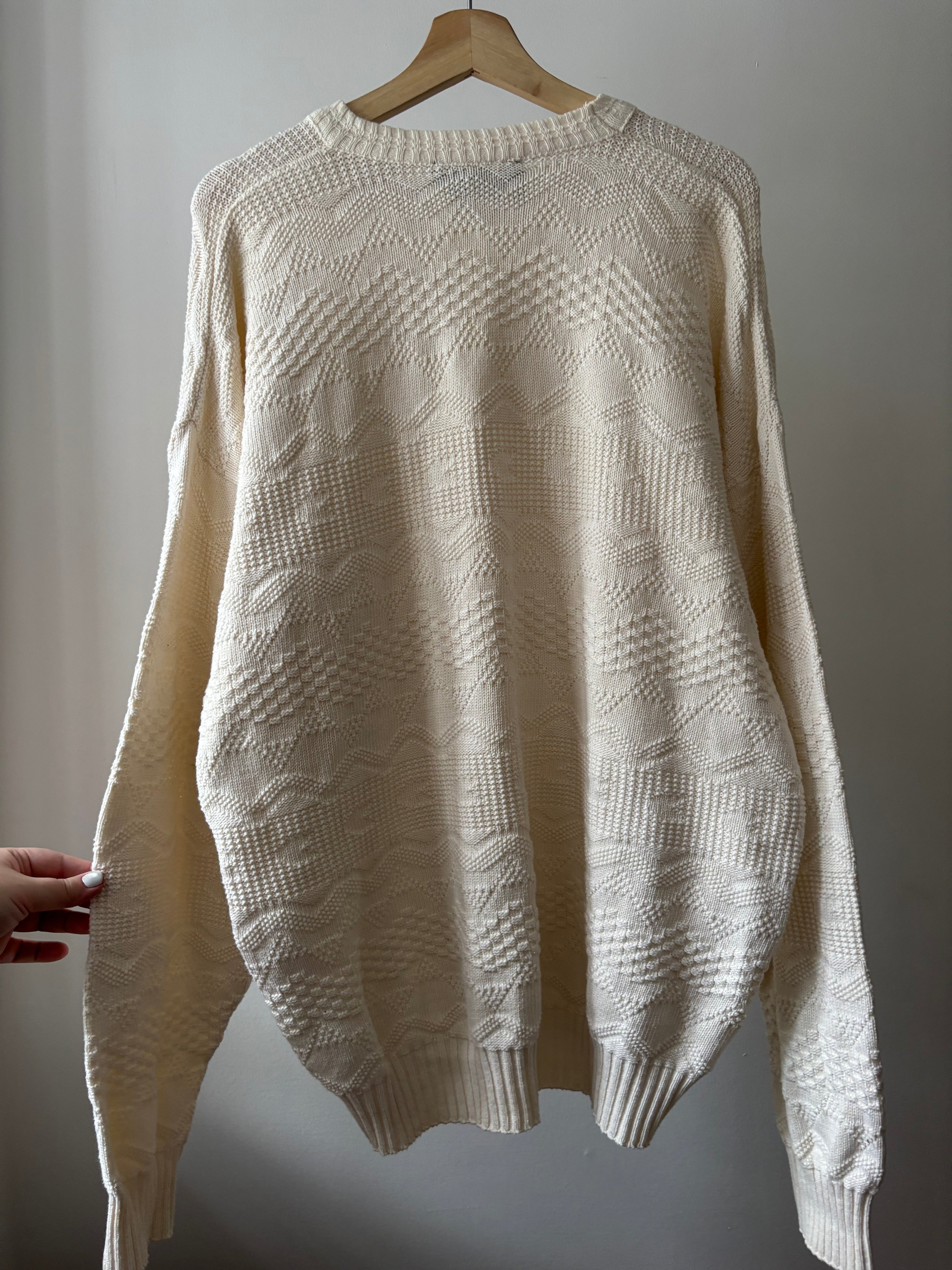 1990s White Patterned Cotton Sweater | Vintage Oversized Knit