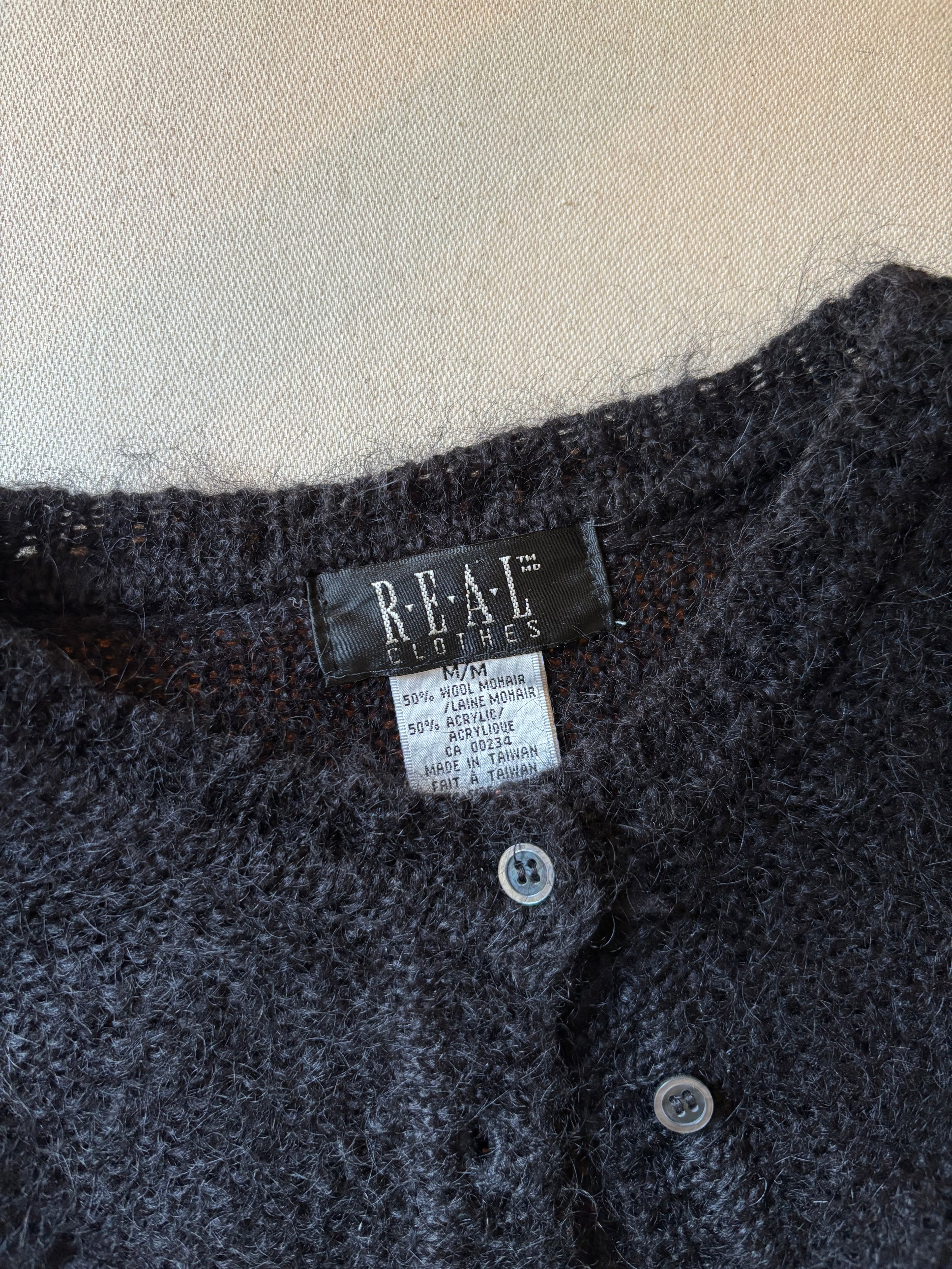 1990s Cropped Mohair Crewneck Cardigan | Vintage Fuzzy Wool Sweater