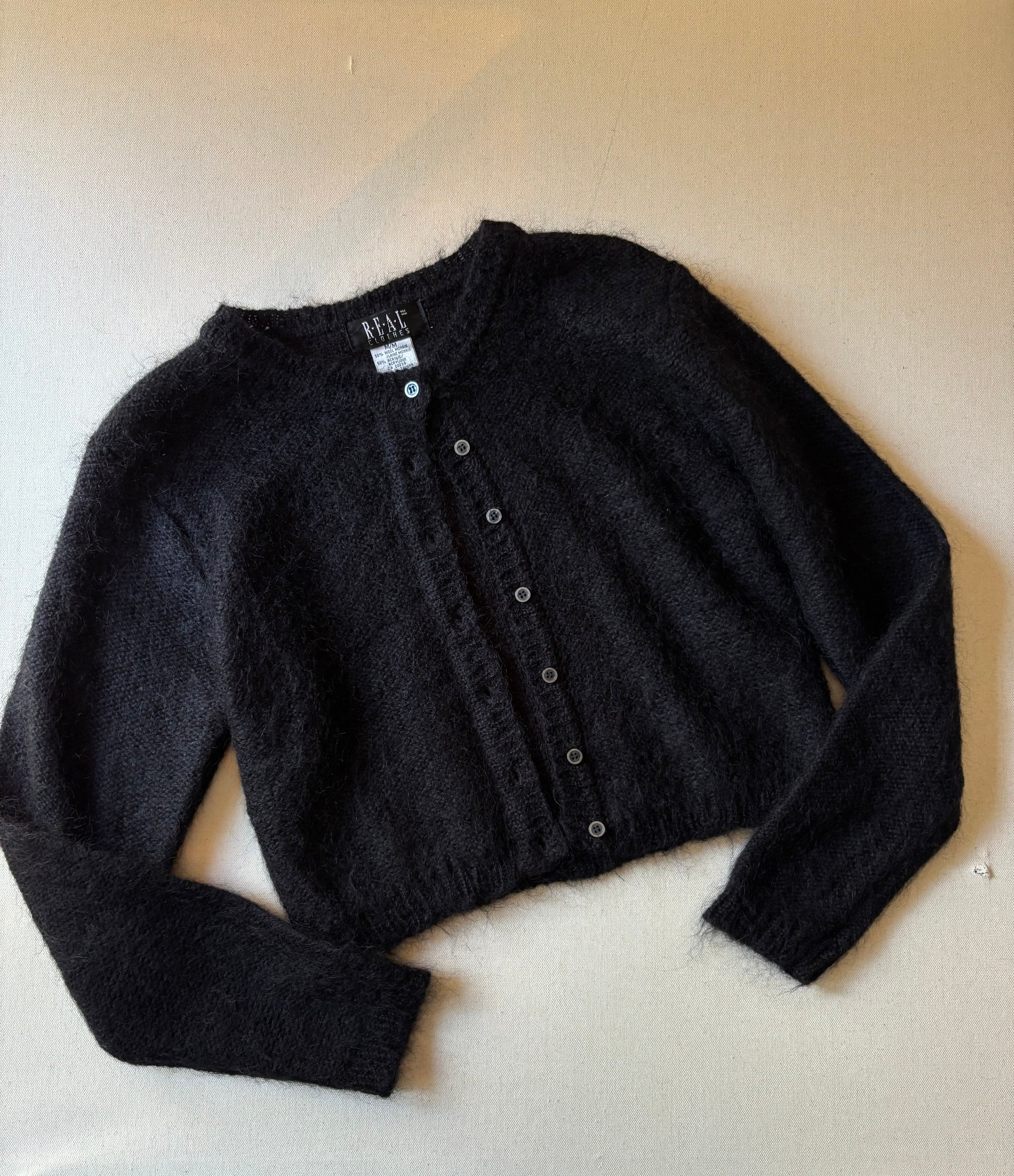 1990s Cropped Mohair Crewneck Cardigan | Vintage Fuzzy Wool Sweater