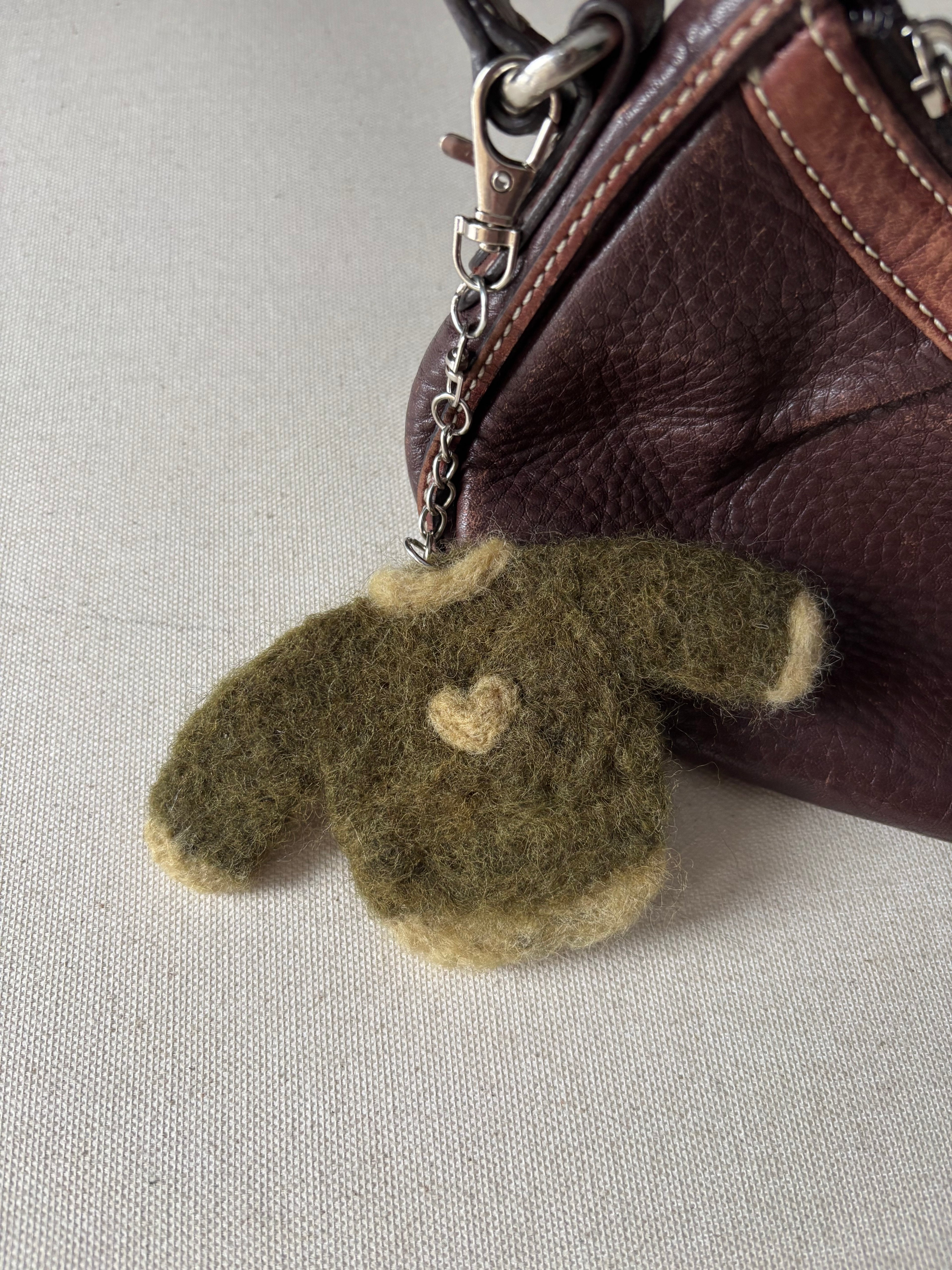 Felted Wool Green Heart Sweater Bag Charm