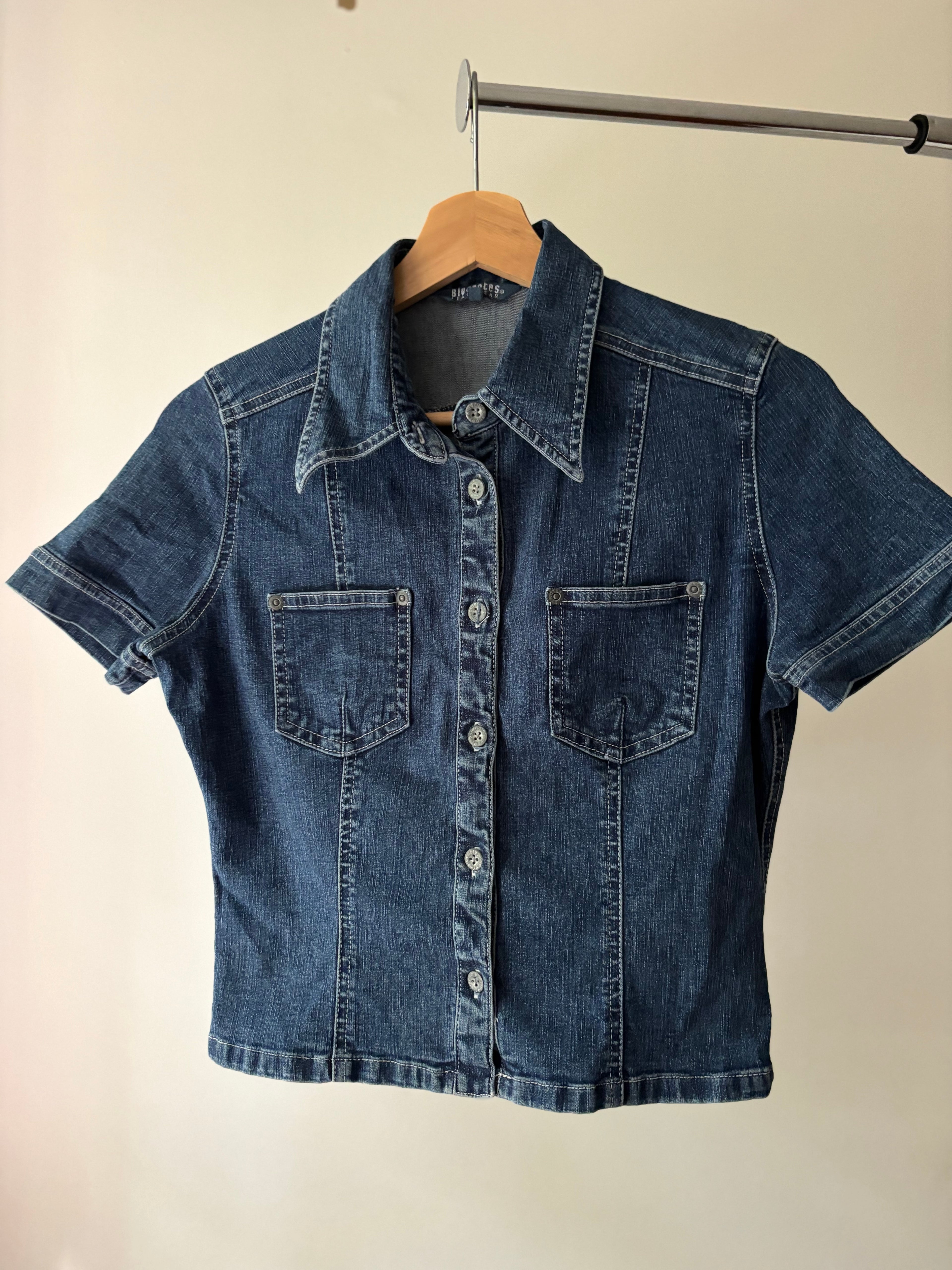 1990s Denim Cropped Blouse | Vintage Jean Shirt