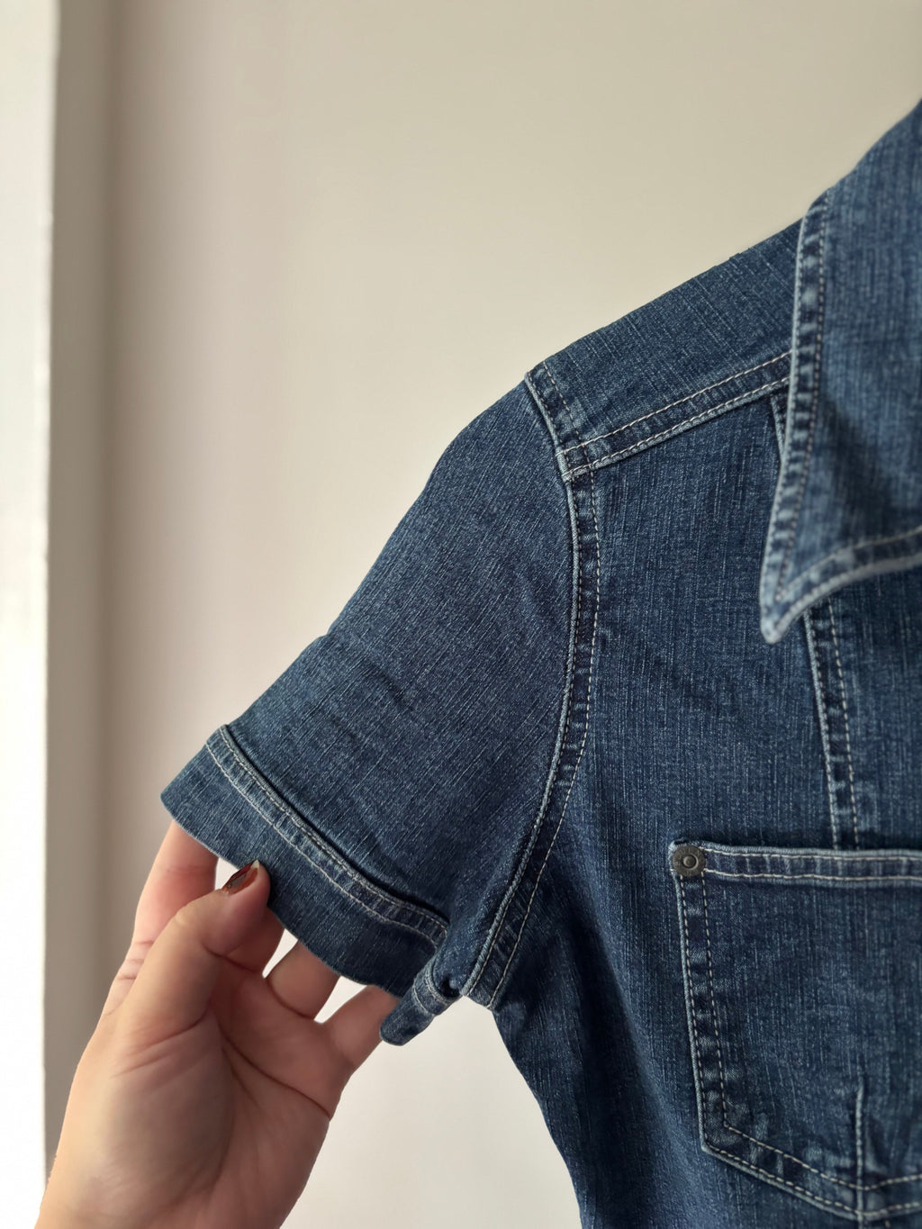 1990s Denim Cropped Blouse | Vintage Jean Shirt