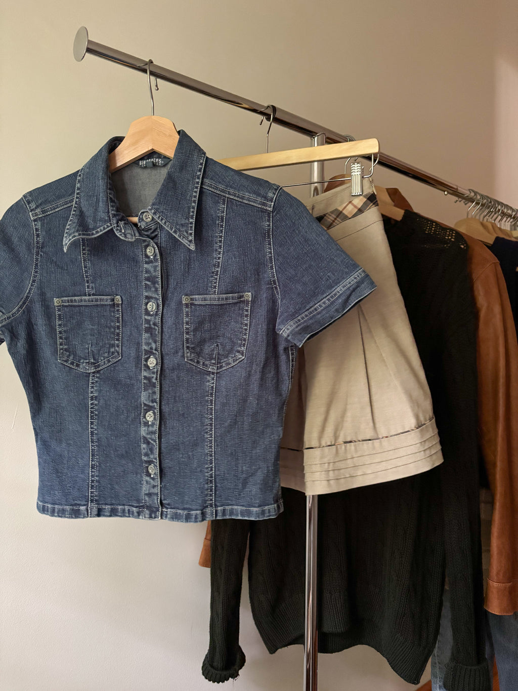 1990s Denim Cropped Blouse | Vintage Jean Shirt